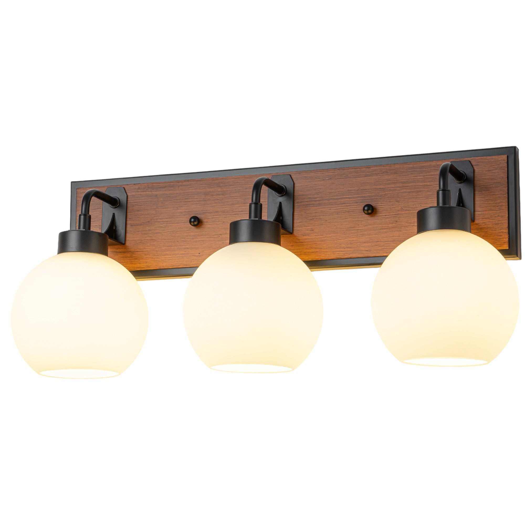 Glowlings 3-Light Farmhouse Black Wood Globe Opal Glass Bathroom Vanity Light