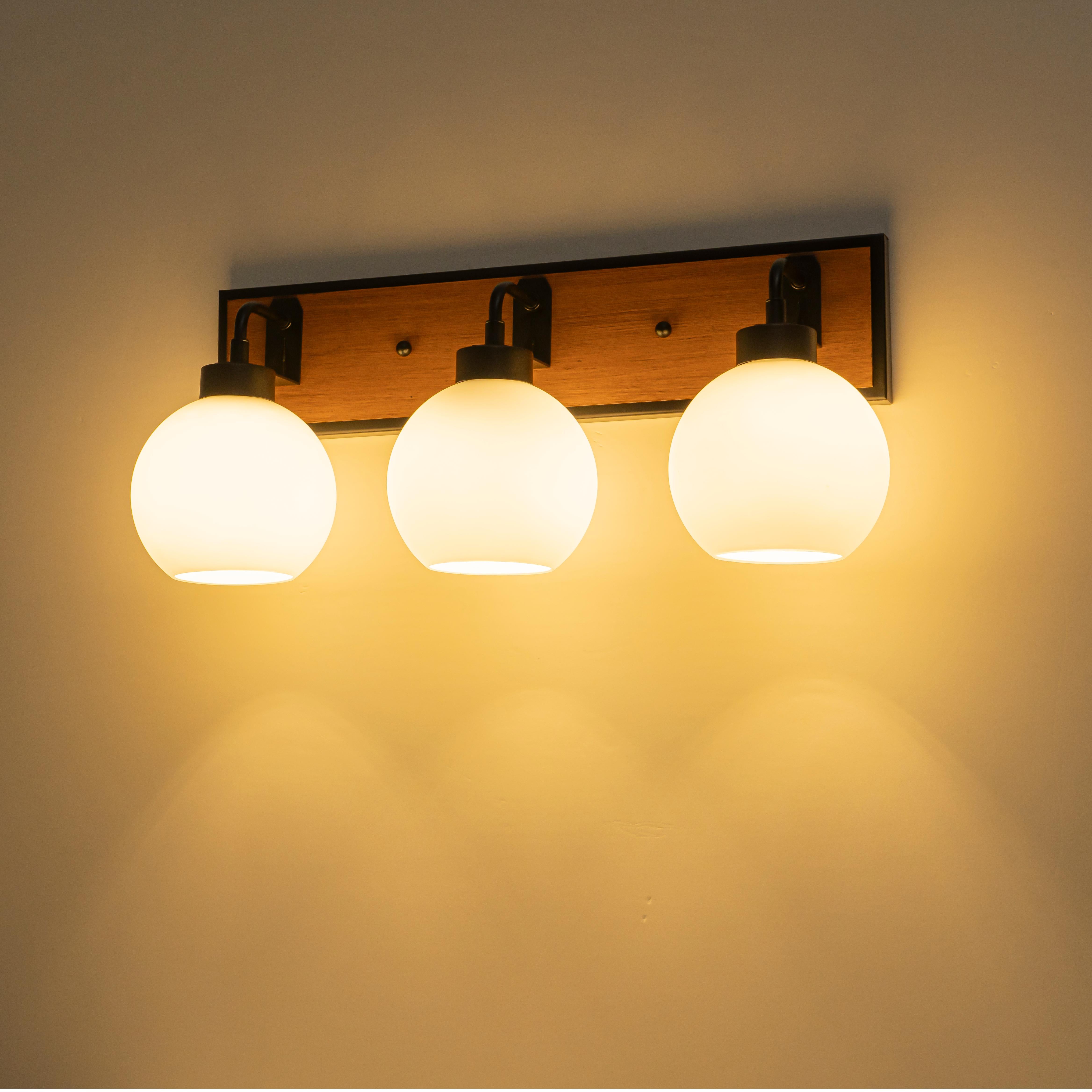 Glowlings 3-Light Farmhouse Black Wood Globe Opal Glass Bathroom Vanity Light