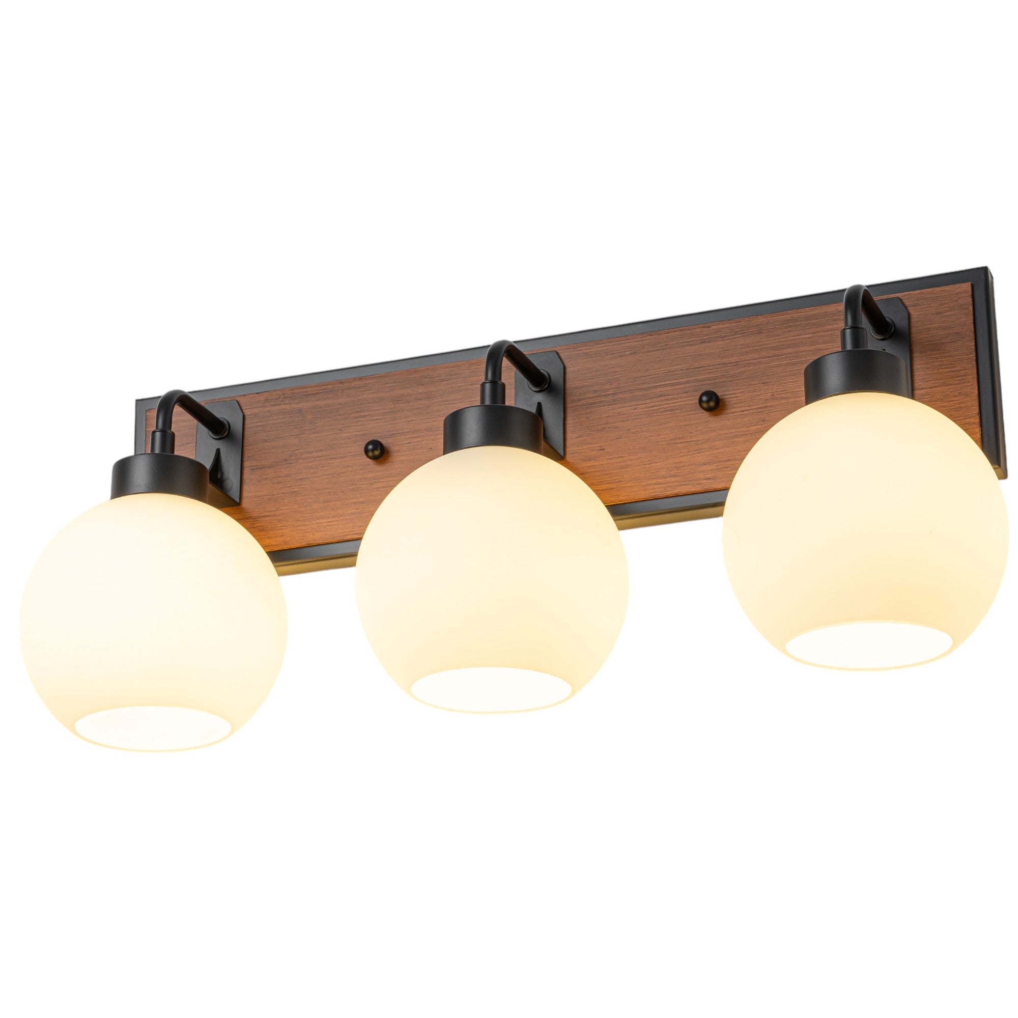 Glowlings 3-Light Farmhouse Black Wood Globe Opal Glass Bathroom Vanity Light