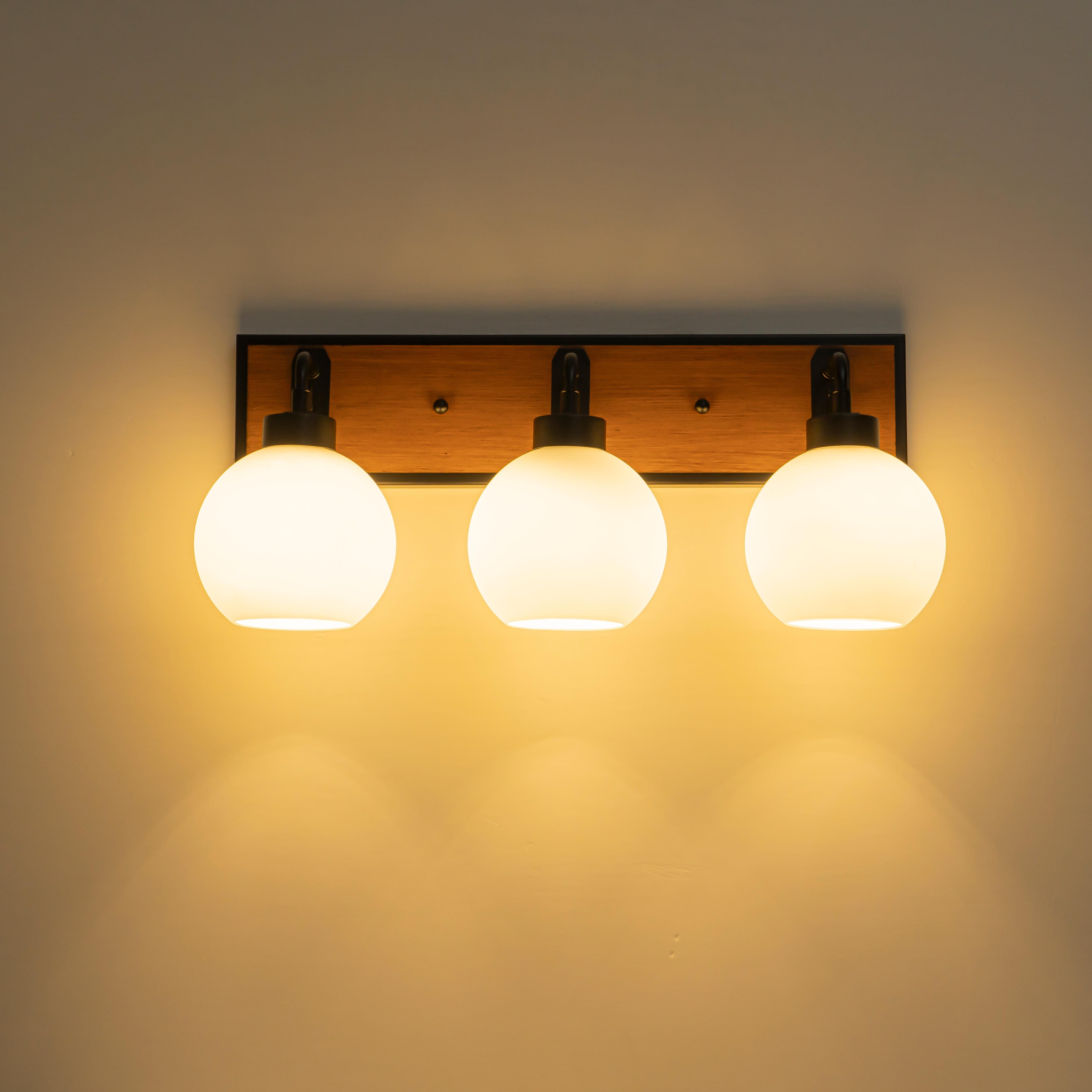 Glowlings 3-Light Farmhouse Black Wood Globe Opal Glass Bathroom Vanity Light