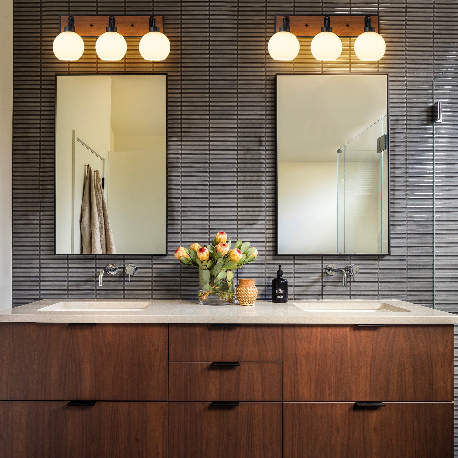 Glowlings 3-Light Farmhouse Black Wood Globe Opal Glass Bathroom Vanity Light