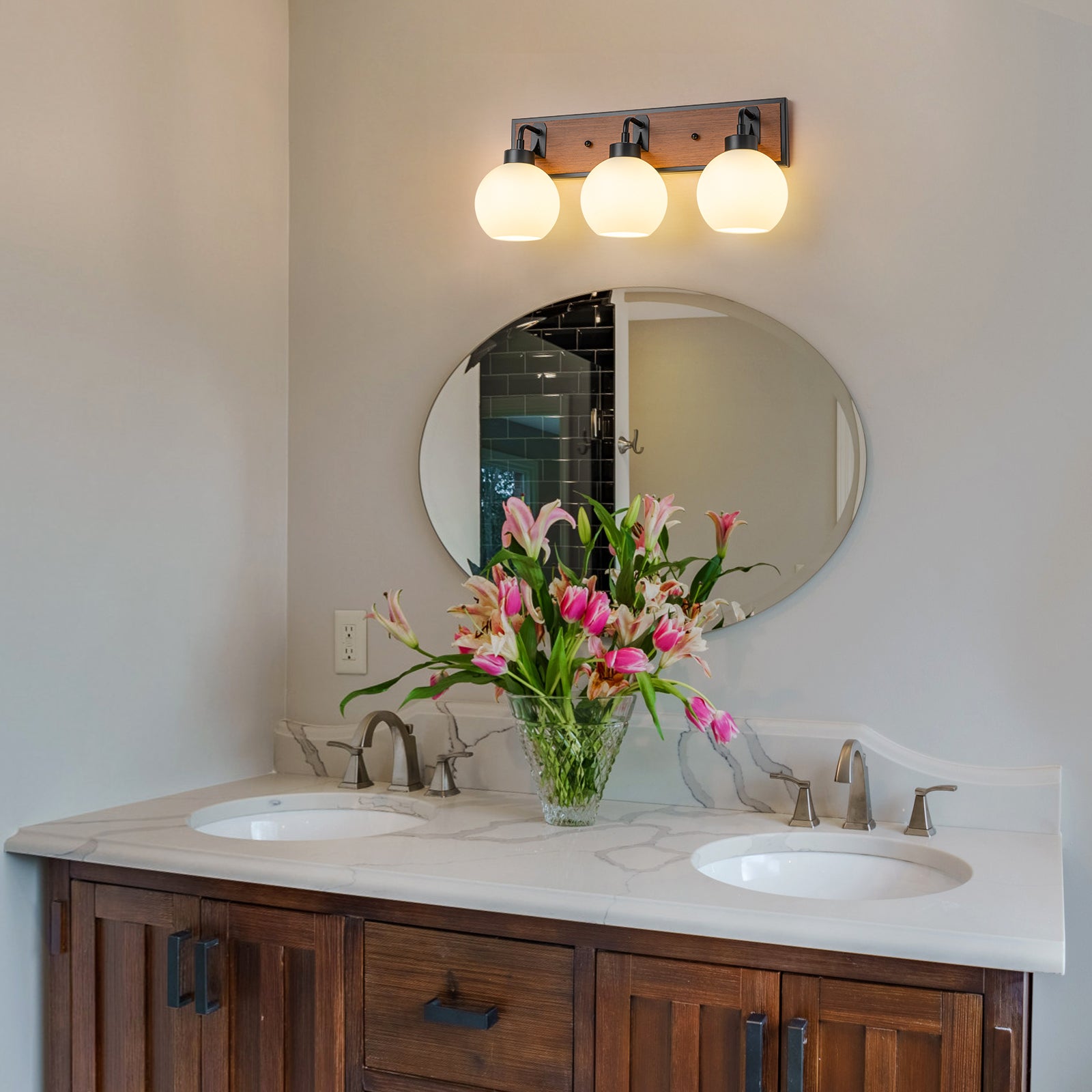 Glowlings 3-Light Farmhouse Black Wood Globe Opal Glass Bathroom Vanity Light