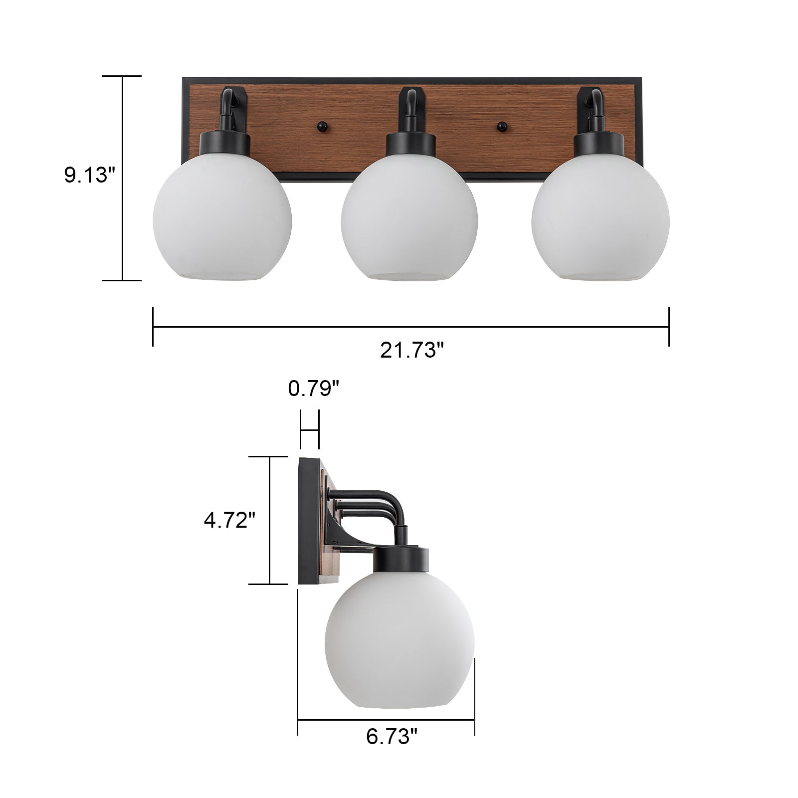 Glowlings 3-Light Farmhouse Black Wood Globe Opal Glass Bathroom Vanity Light