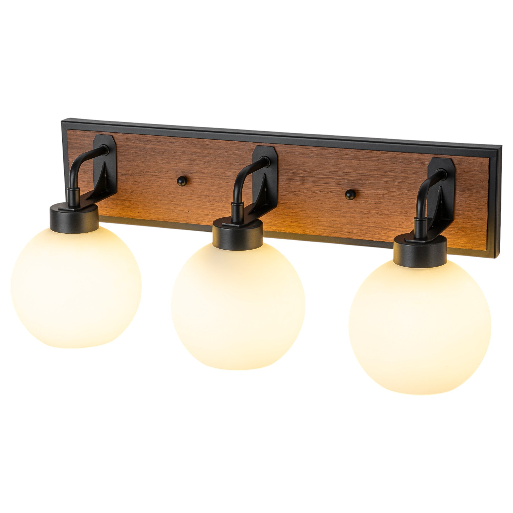 Glowlings 3-Light Farmhouse Black Wood Globe Opal Glass Bathroom Vanity Light