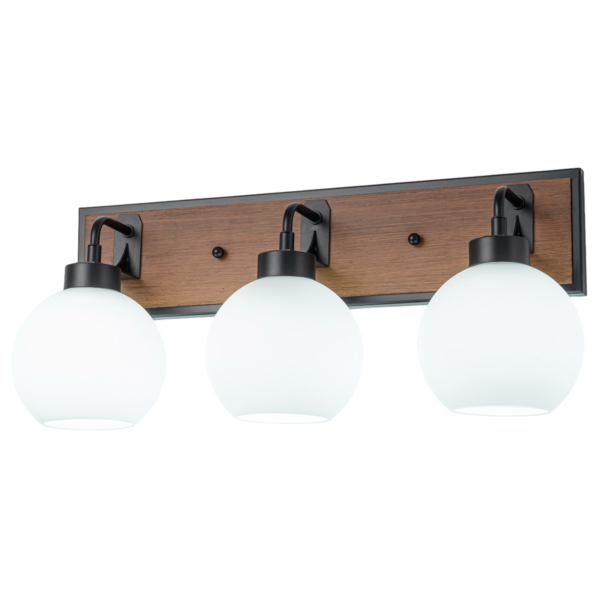 Glowlings 3-Light Farmhouse Black Wood Globe Opal Glass Bathroom Vanity Light
