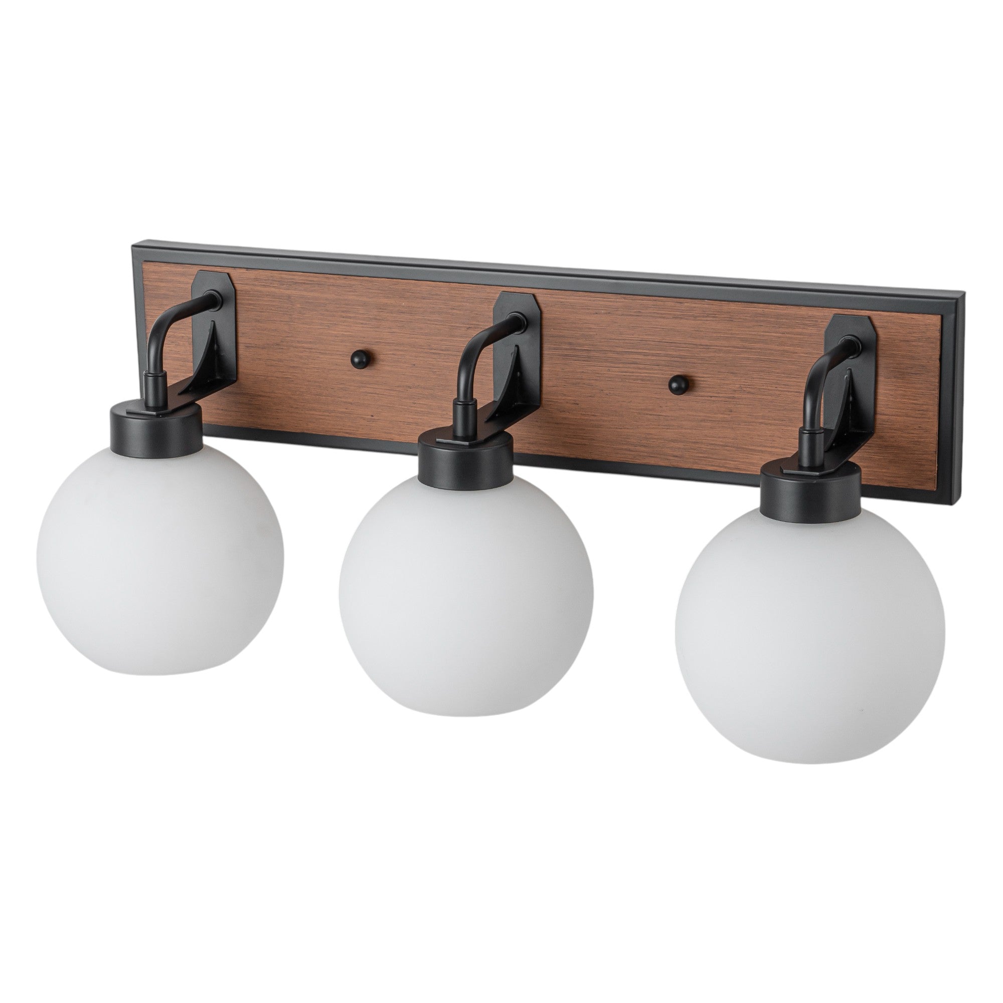 Glowlings 3-Light Farmhouse Black Wood Globe Opal Glass Bathroom Vanity Light