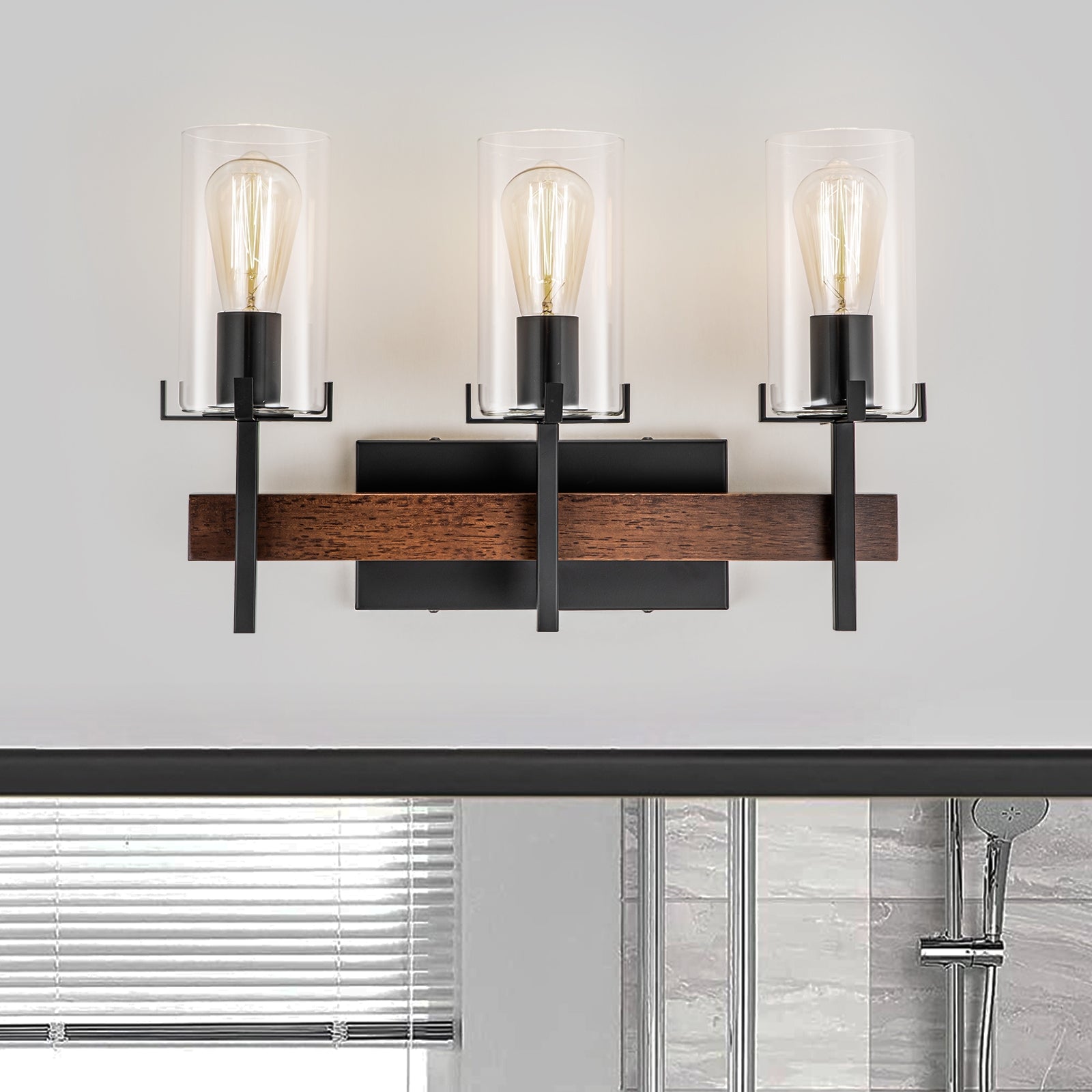Glowlings 3 Light Farmhouse Up Down Clear Glass Wooden Black Bathroom