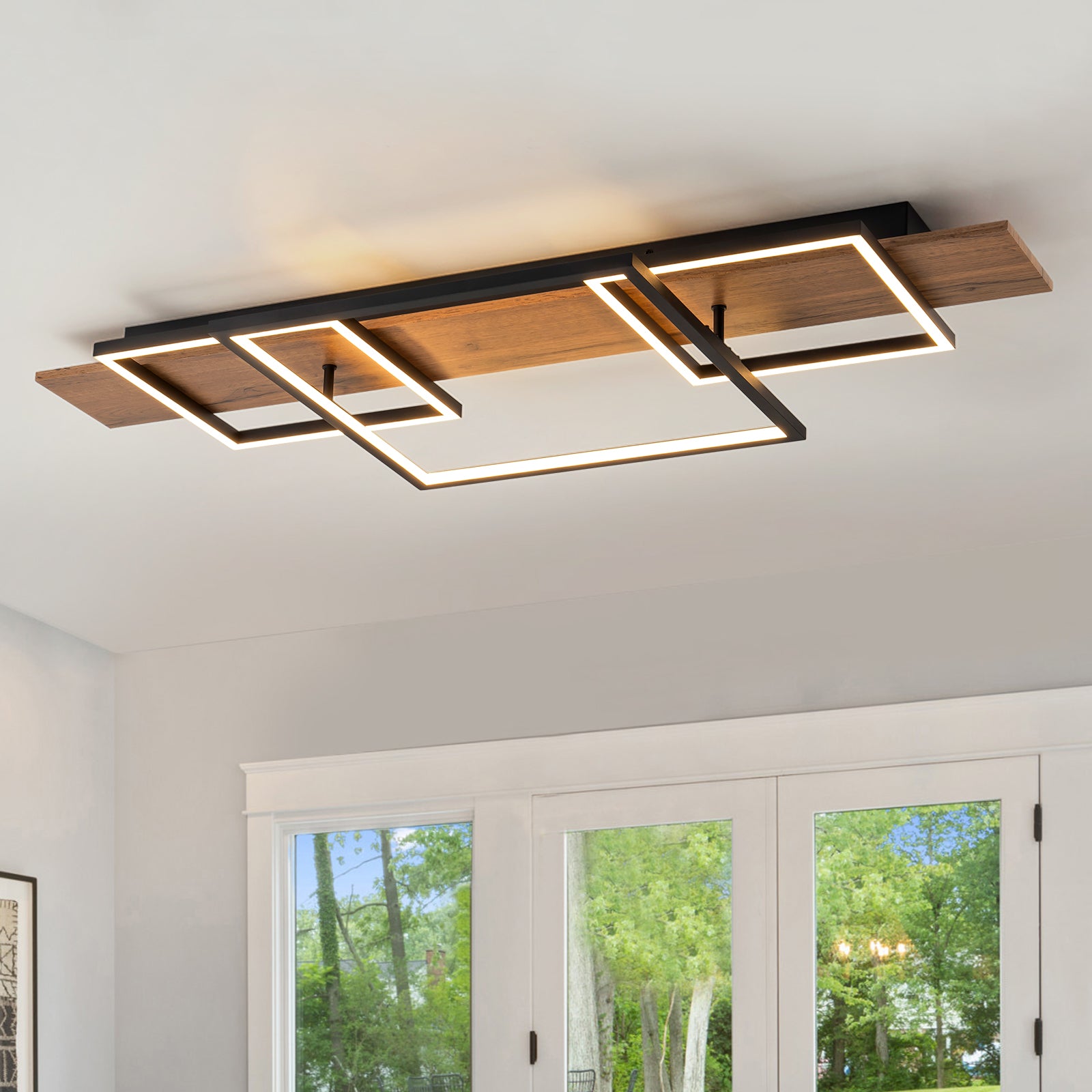 Glowlings 3-flammige Farmhouse-Leuchte, 96,5 cm breit, rechteckig, LED-Holz, Deckenleuchte