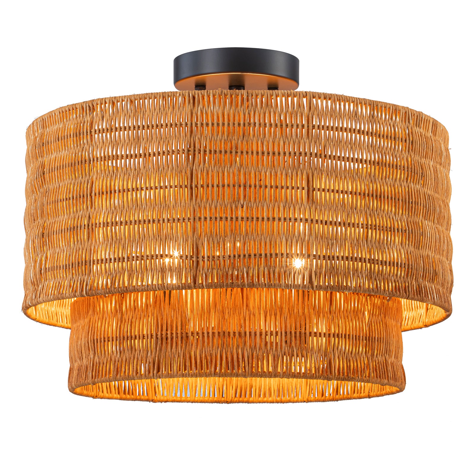 Glowlings 3-Light Farmhouse 16"Wide 2-Tiered Hand-Woven Natural Rattan Semi-Flush Mount