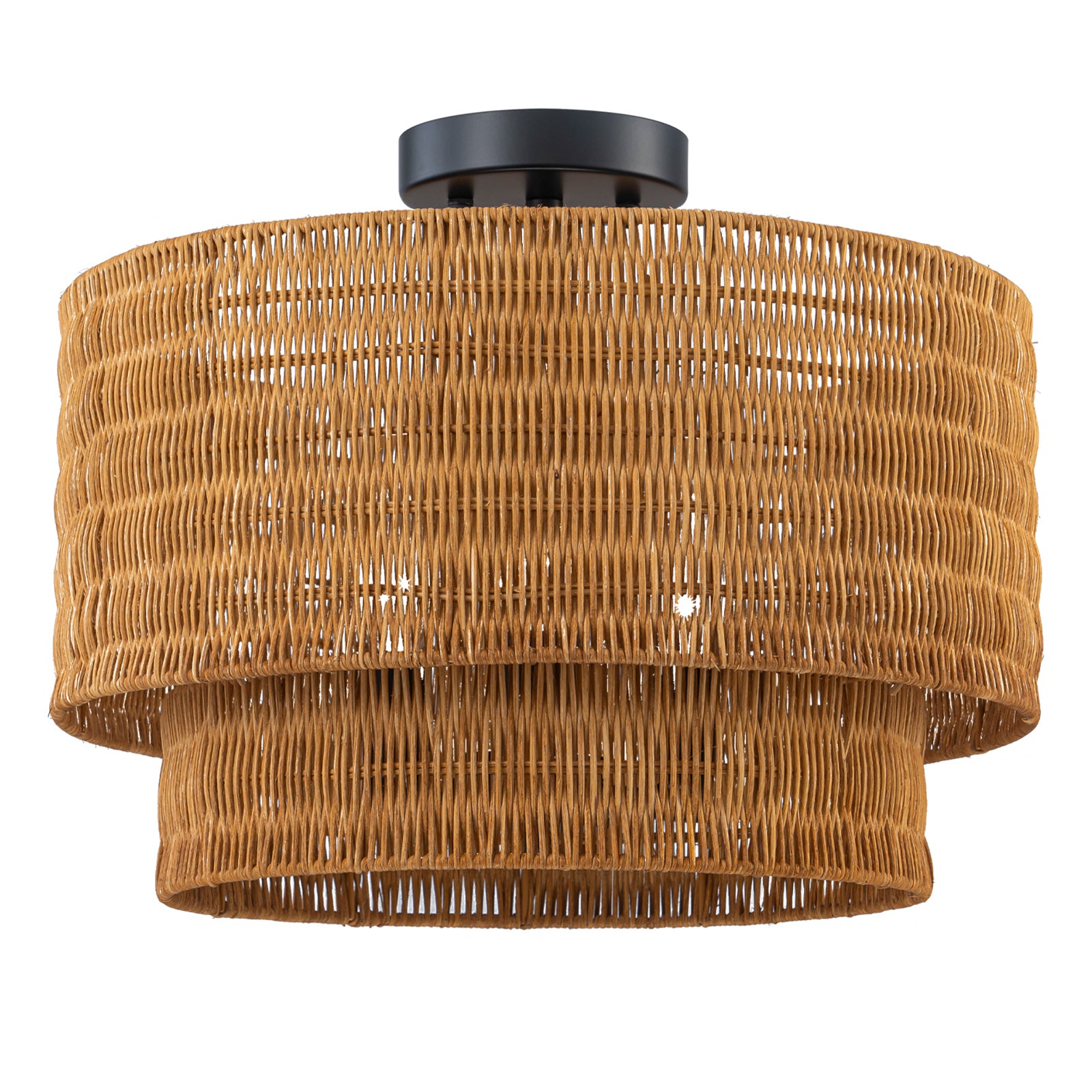 Glowlings 3-Light Farmhouse 16"Wide 2-Tiered Hand-Woven Natural Rattan Semi-Flush Mount