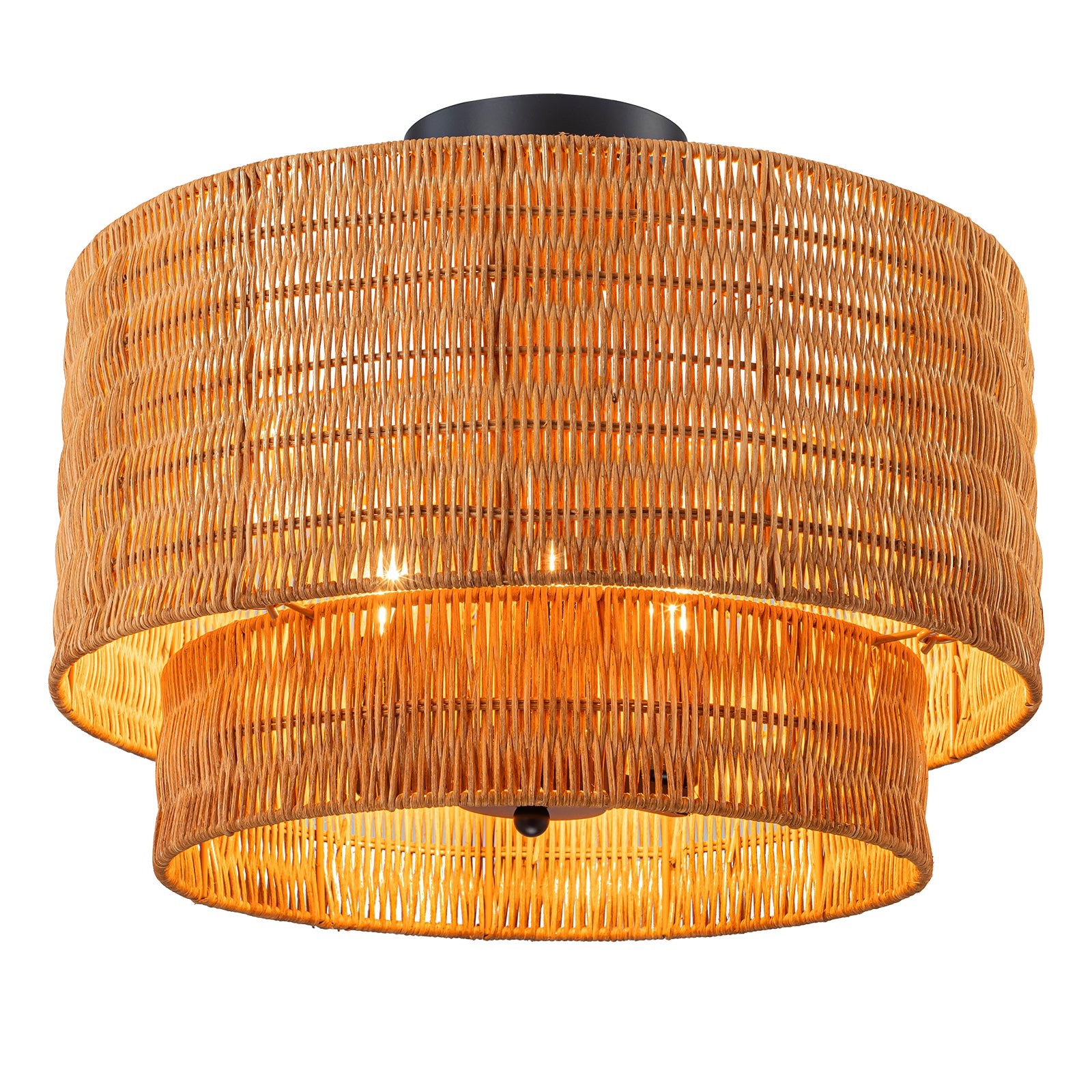 Glowlings 3-Light Farmhouse 16"Wide 2-Tiered Hand-Woven Natural Rattan Semi-Flush Mount