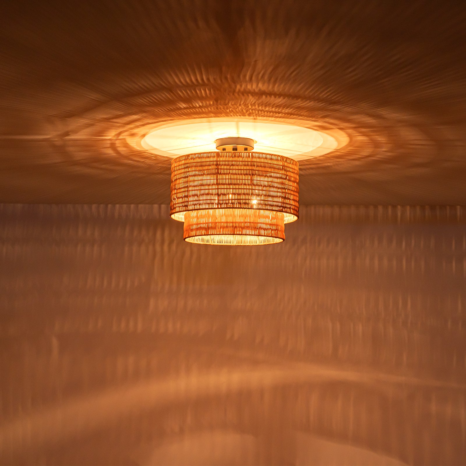 Glowlings 3-Light Farmhouse 16"Wide 2-Tiered Hand-Woven Natural Rattan Semi-Flush Mount