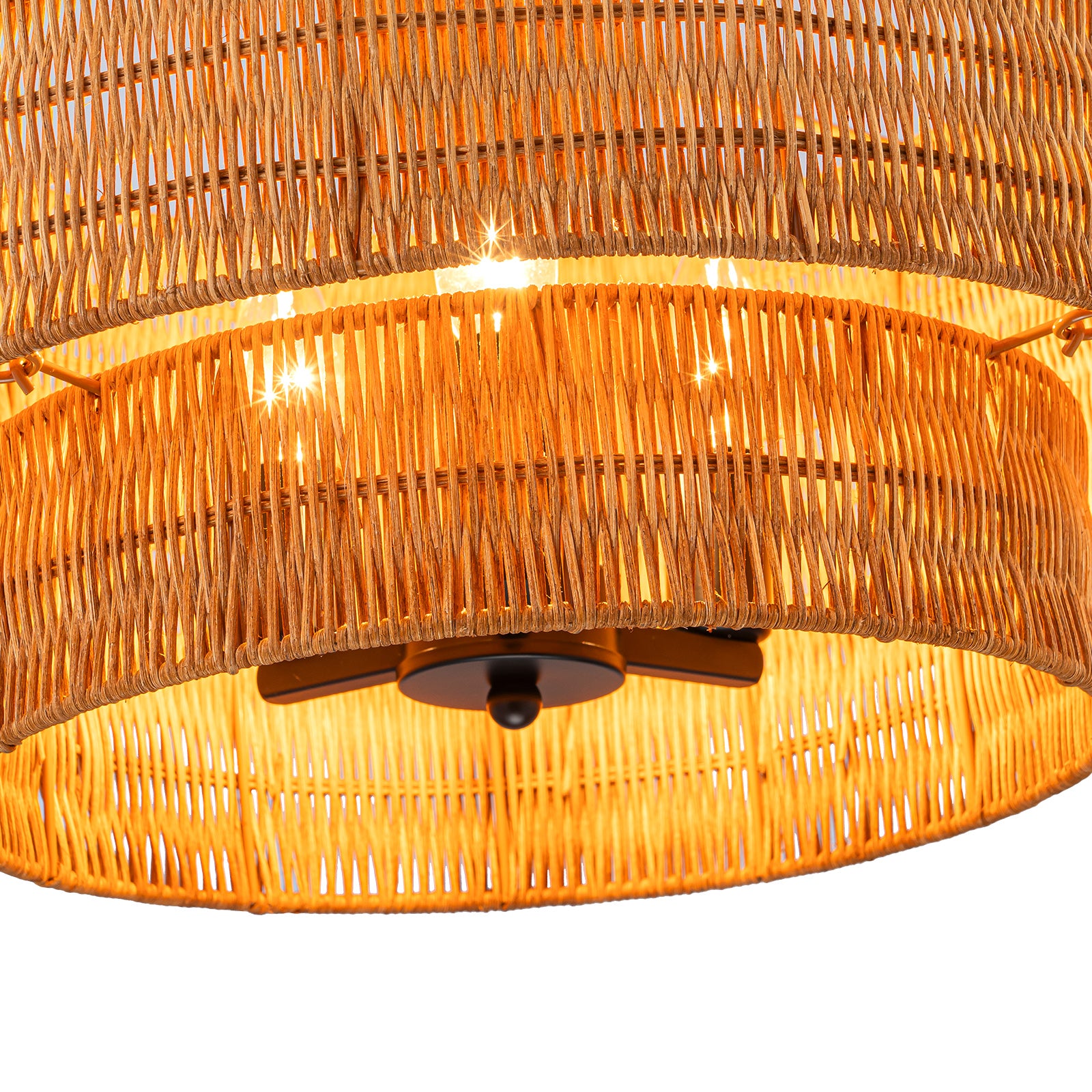 Glowlings 3-Light Farmhouse 16"Wide 2-Tiered Hand-Woven Natural Rattan Semi-Flush Mount