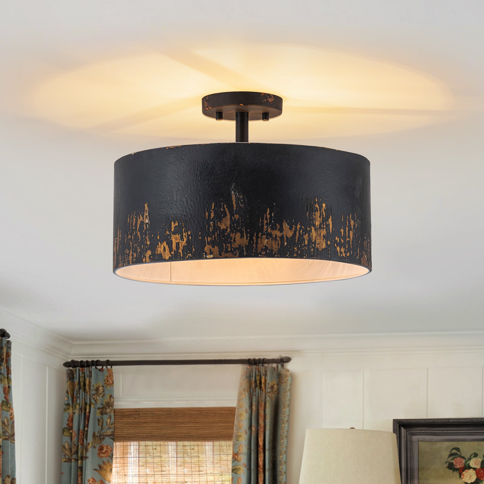 Glowlings 3-Light Industrial 15"Wide Black/Blue Antique Gold Distressing Drum Semi-Flush Mount