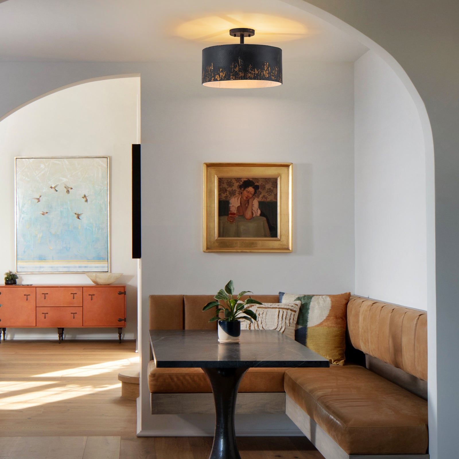 Glowlings 3-Light Industrial 15"Wide Black/Blue Antique Gold Distressing Drum Semi-Flush Mount