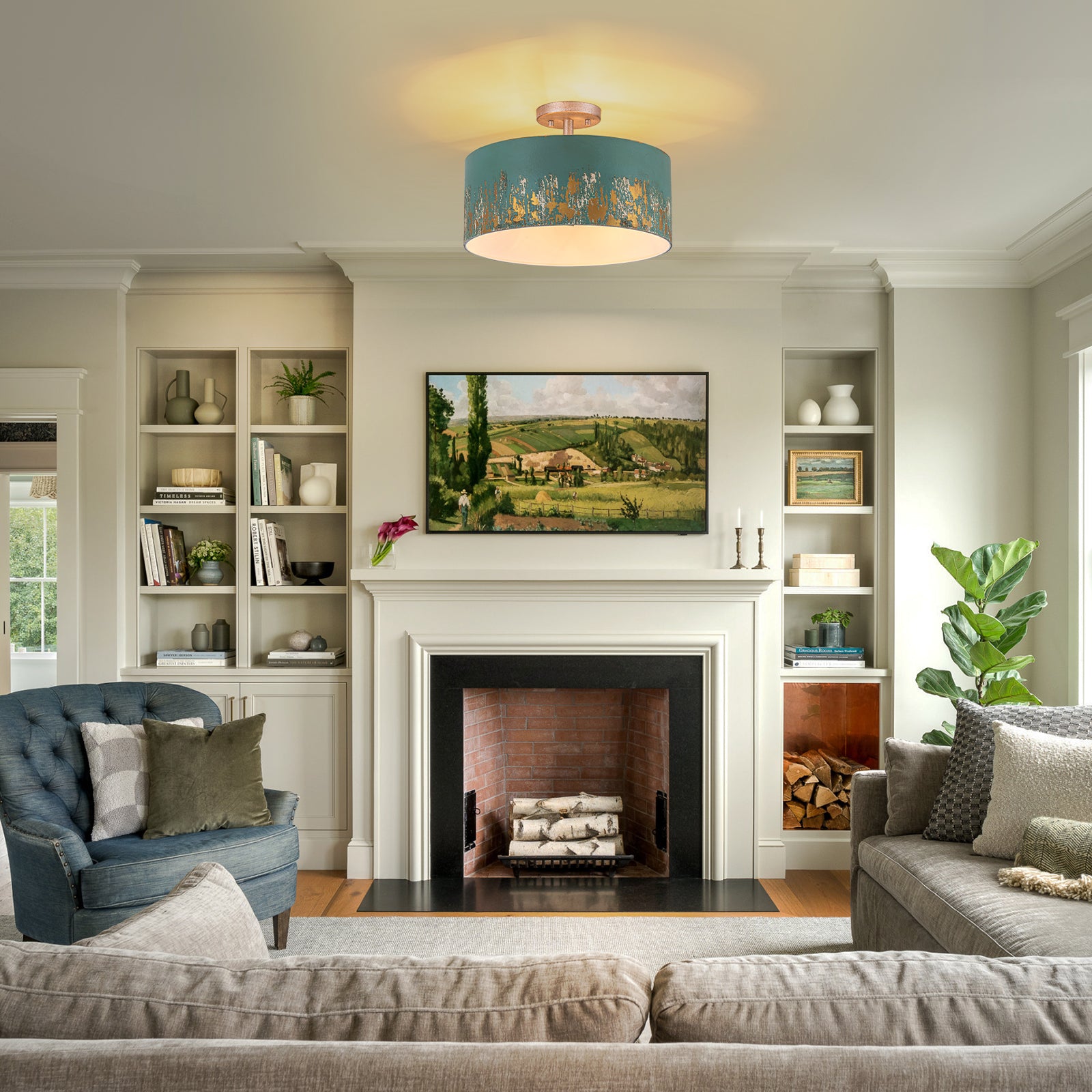 Glowlings 3-Light Industrial 15"Wide Black/Blue Antique Gold Distressing Drum Semi-Flush Mount