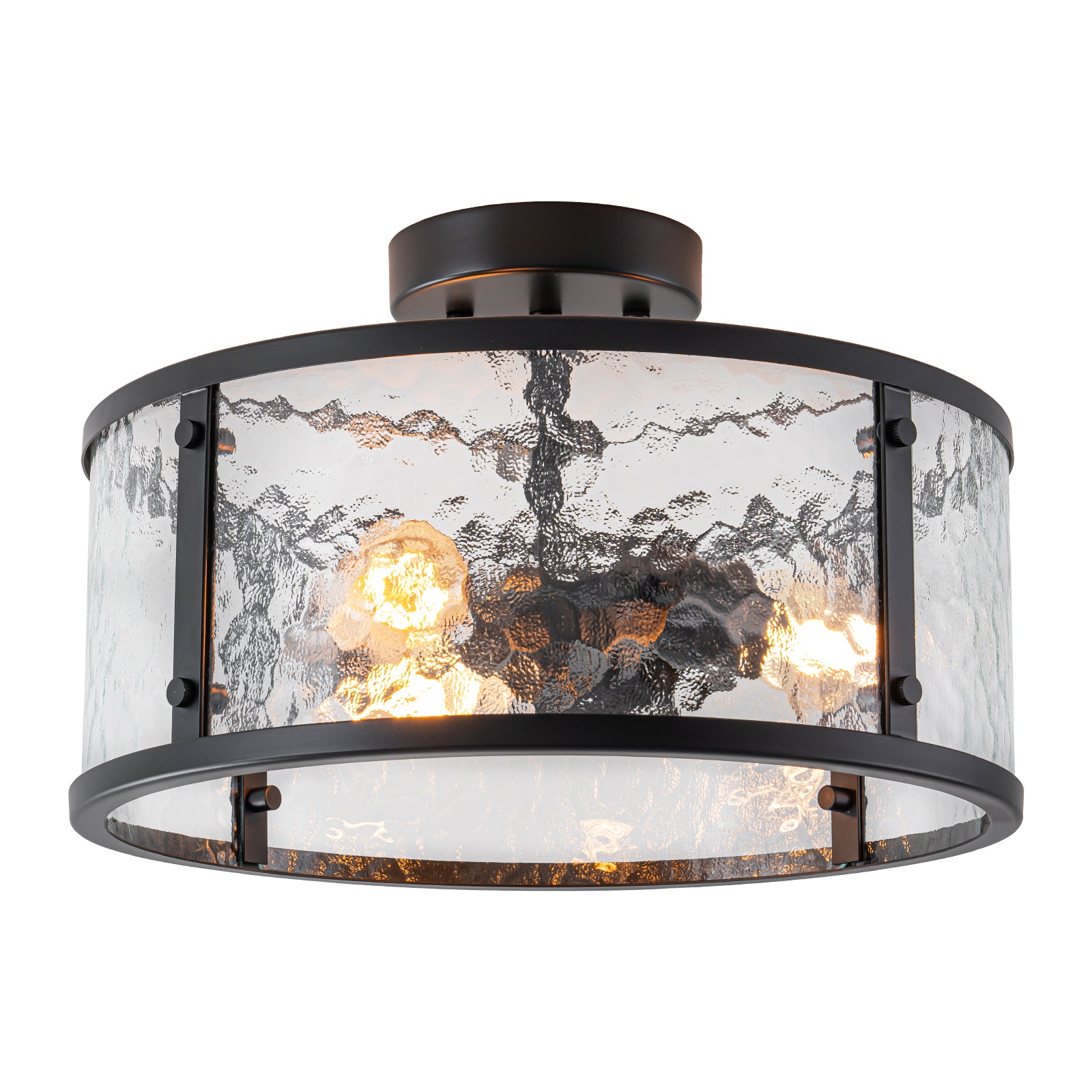 Glowlings 3-Light Modern 14"Wide Matte Black Drum Hammered Glass Semi-Flush Mount