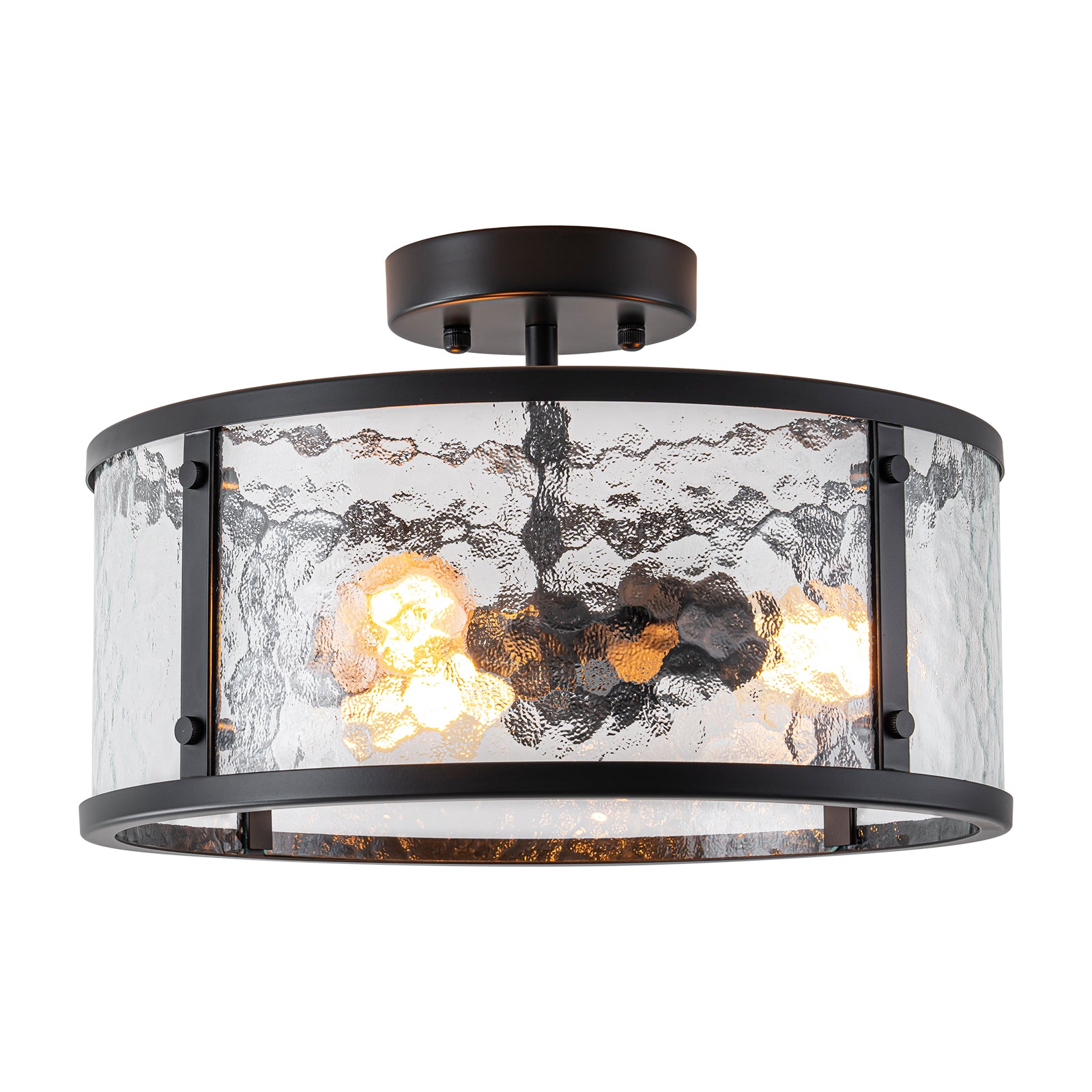Glowlings 3-Light Modern 14"Wide Matte Black Drum Hammered Glass Semi-Flush Mount