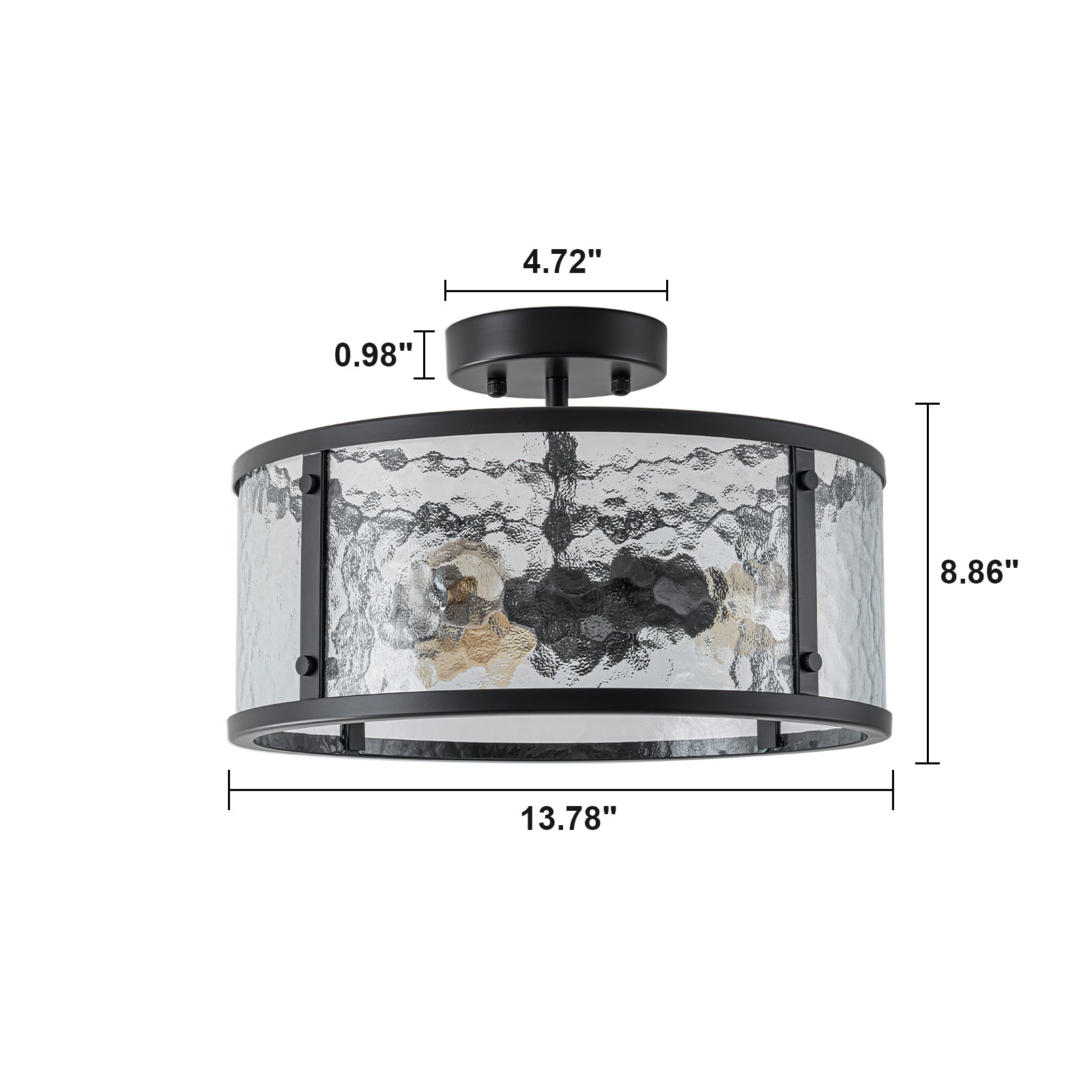 Glowlings 3-Light Modern 14"Wide Matte Black Drum Hammered Glass Semi-Flush Mount