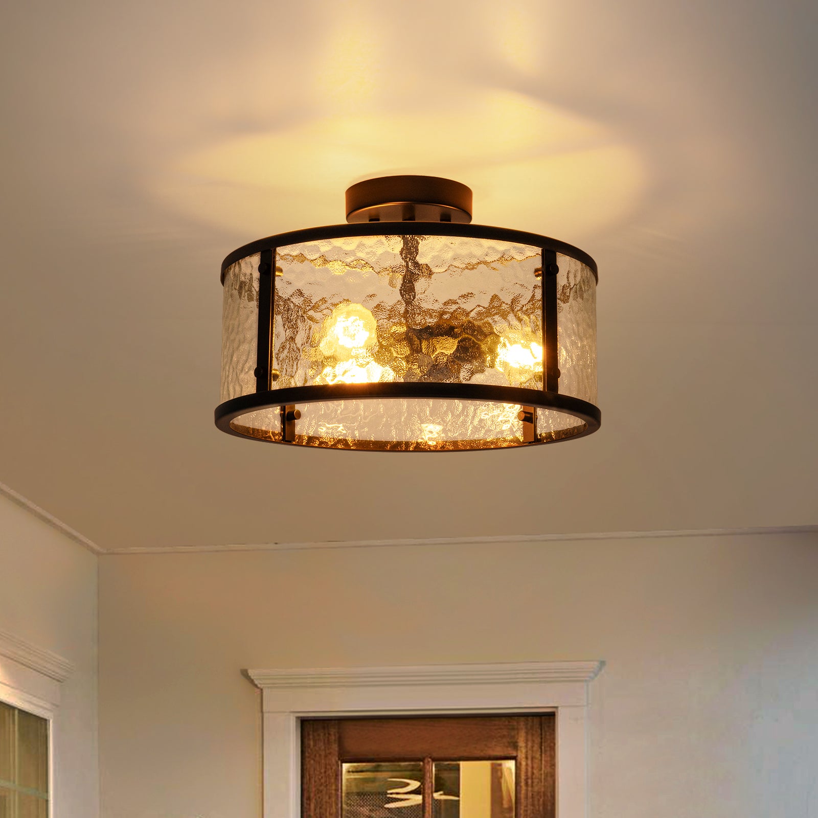 Glowlings 3-Light Modern 14"Wide Matte Black Drum Hammered Glass Semi-Flush Mount