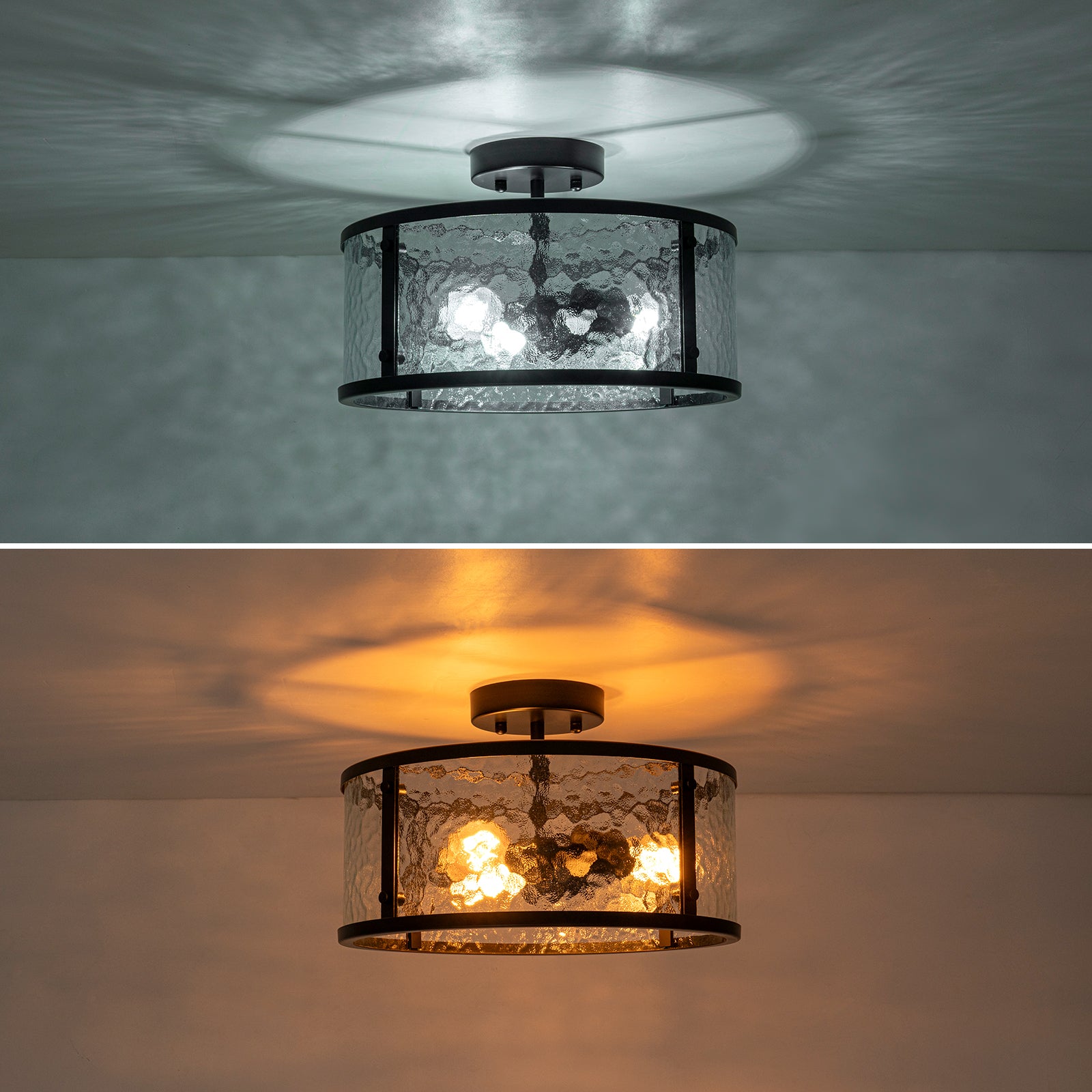 Glowlings 3-Light Modern 14"Wide Matte Black Drum Hammered Glass Semi-Flush Mount