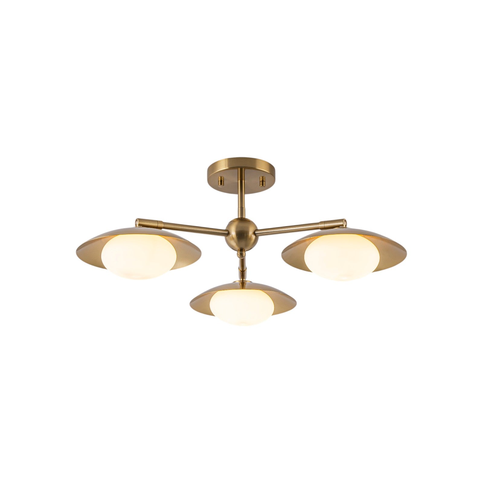 Glowlings 3-Light Mid Century Brass Sputnik Oval Opal Glass Semi Flush Mount Ceiling Light