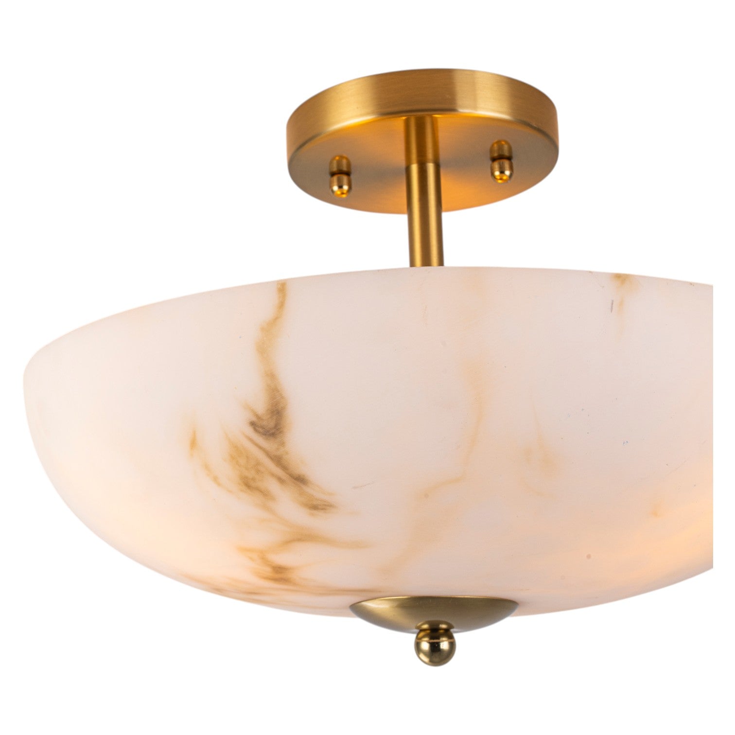 Glowlings 3-Light Mid-Century Brushed Brass Semi-Flush Mount Ceiling Light with Faux Textured Alabaster Glass Bowl Shade