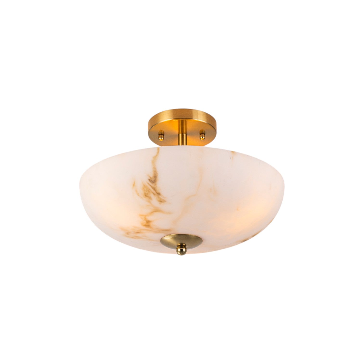 Glowlings 3-Light Mid-Century Brushed Brass Semi-Flush Mount Ceiling Light with Faux Textured Alabaster Glass Bowl Shade