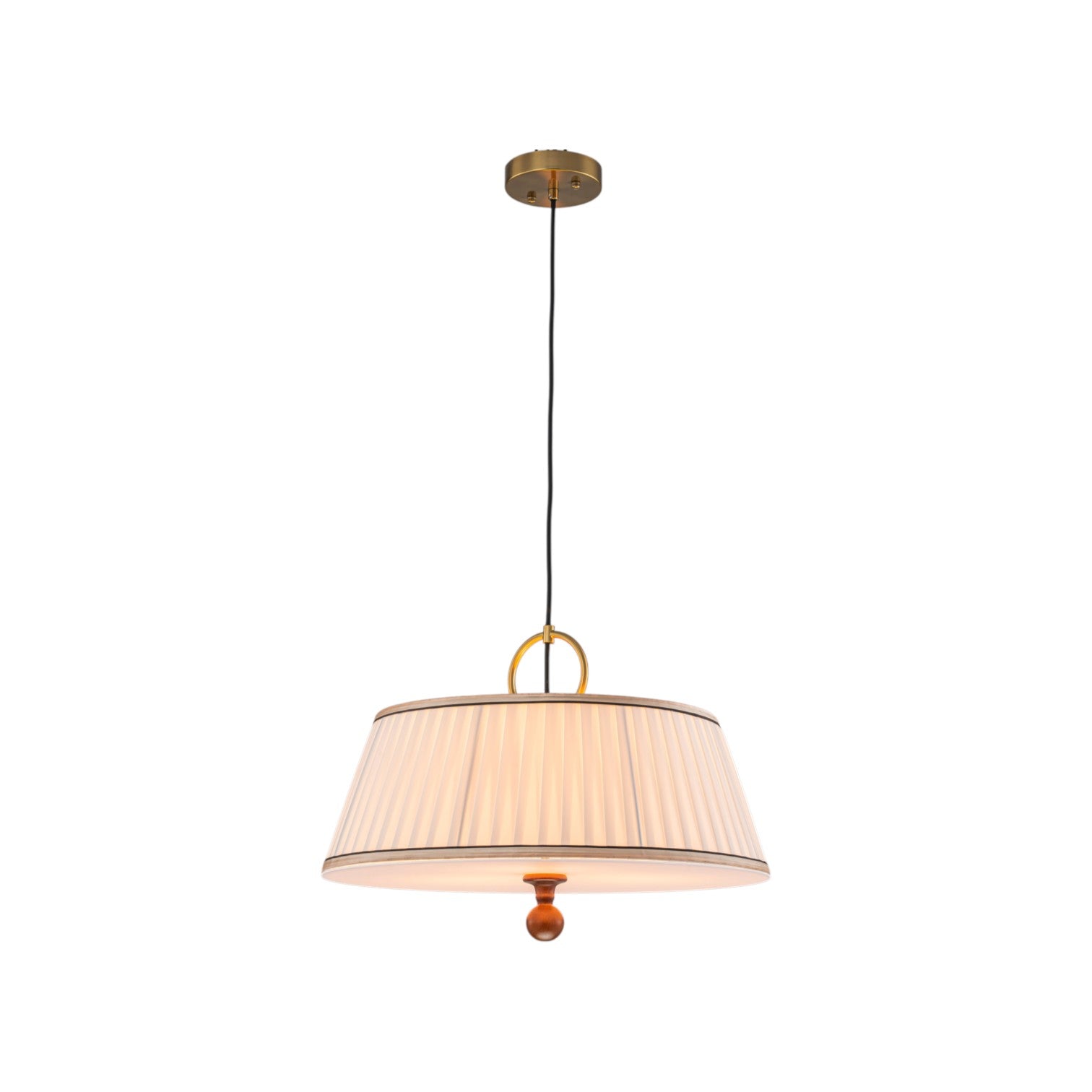 Glowlings 3-Light Mid-Century Modern Brass Drum Pendant Light with Off-White Pleated Fabric Shade