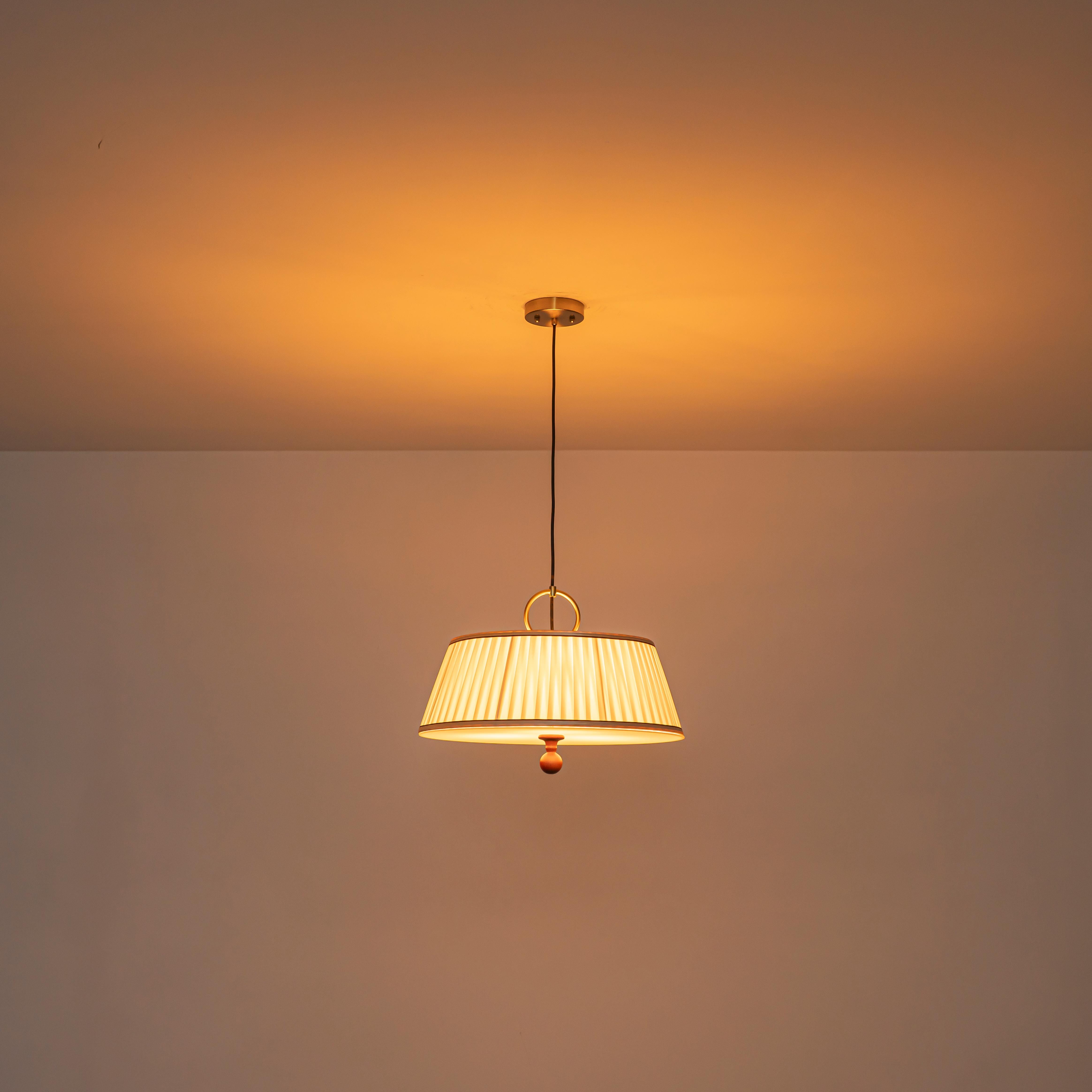 Glowlings 3-Light Mid-Century Modern Brass Drum Pendant Light with Off-White Pleated Fabric Shade