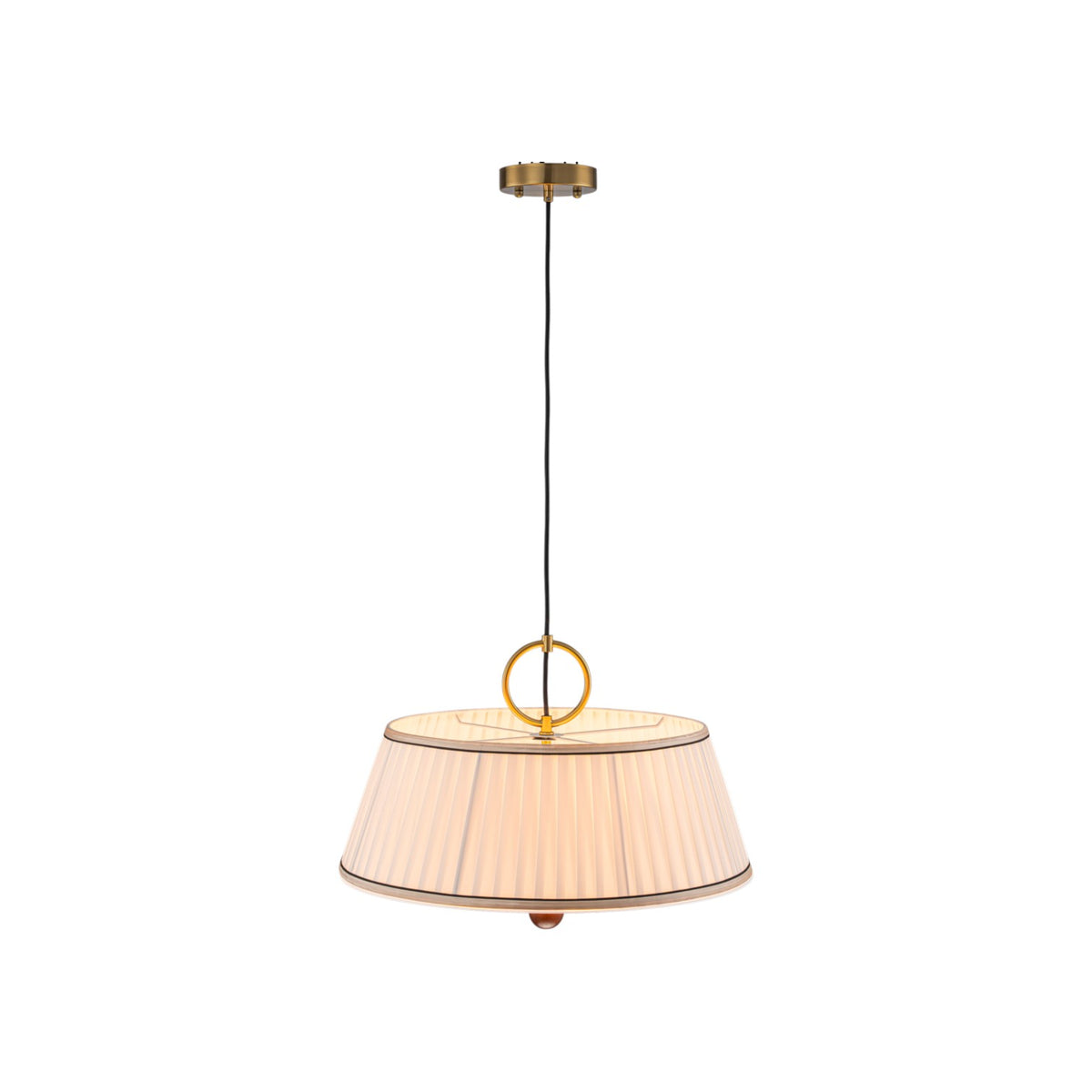 Glowlings 3-Light Mid-Century Modern Brass Drum Pendant Light with Off-White Pleated Fabric Shade