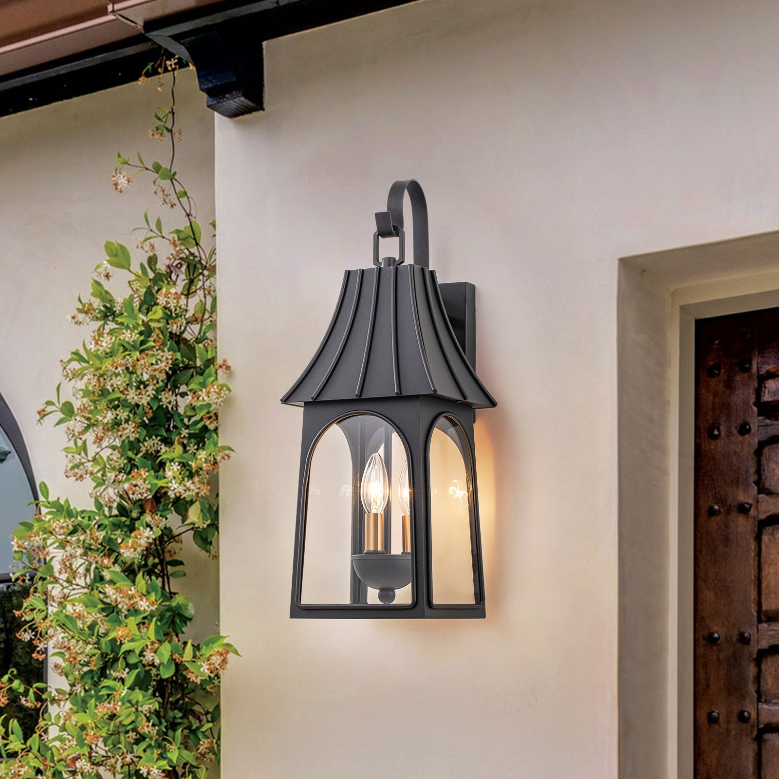 Glowlings 3-flammige, moderne, 53,3 cm hohe, schwarze Laternen-Wandleuchte aus Glas für den Außenbereich