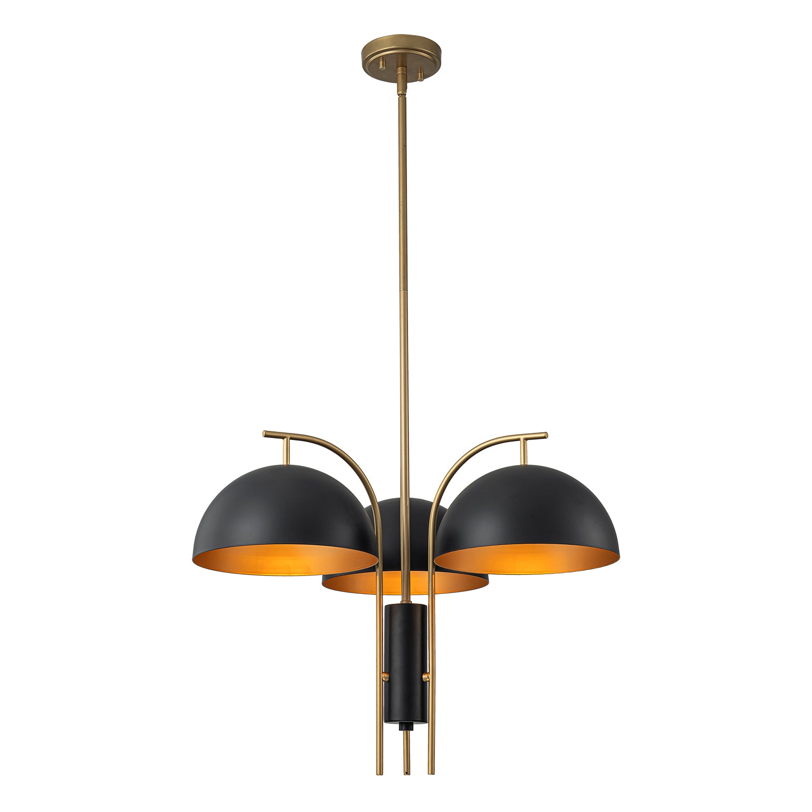 Glowlings 3-flammige, moderne, 61 cm breite, große, blattgoldene Sputnik-Pendelleuchte mit schwarzer Kuppel