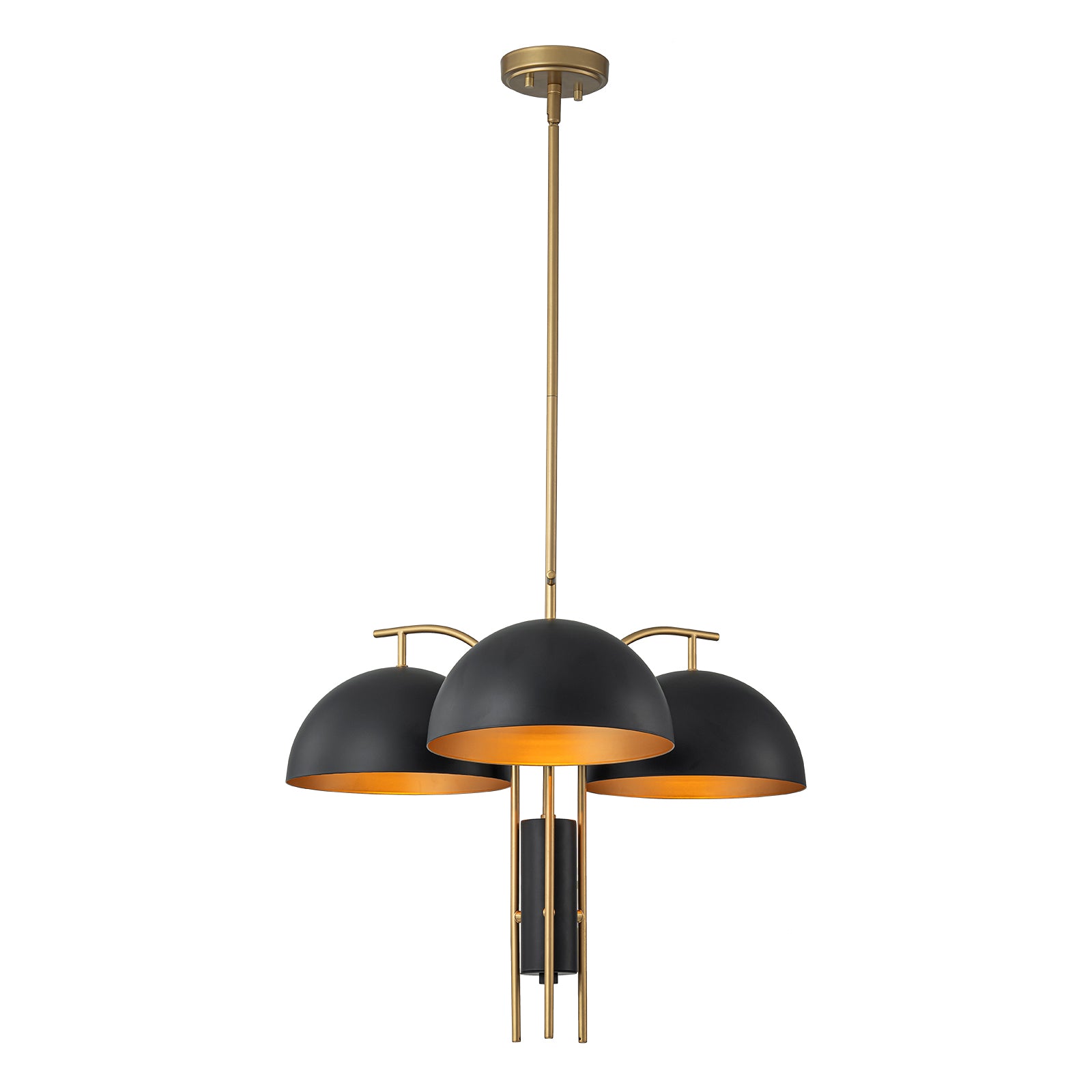 Glowlings 3-flammige, moderne, 61 cm breite, große, blattgoldene Sputnik-Pendelleuchte mit schwarzer Kuppel