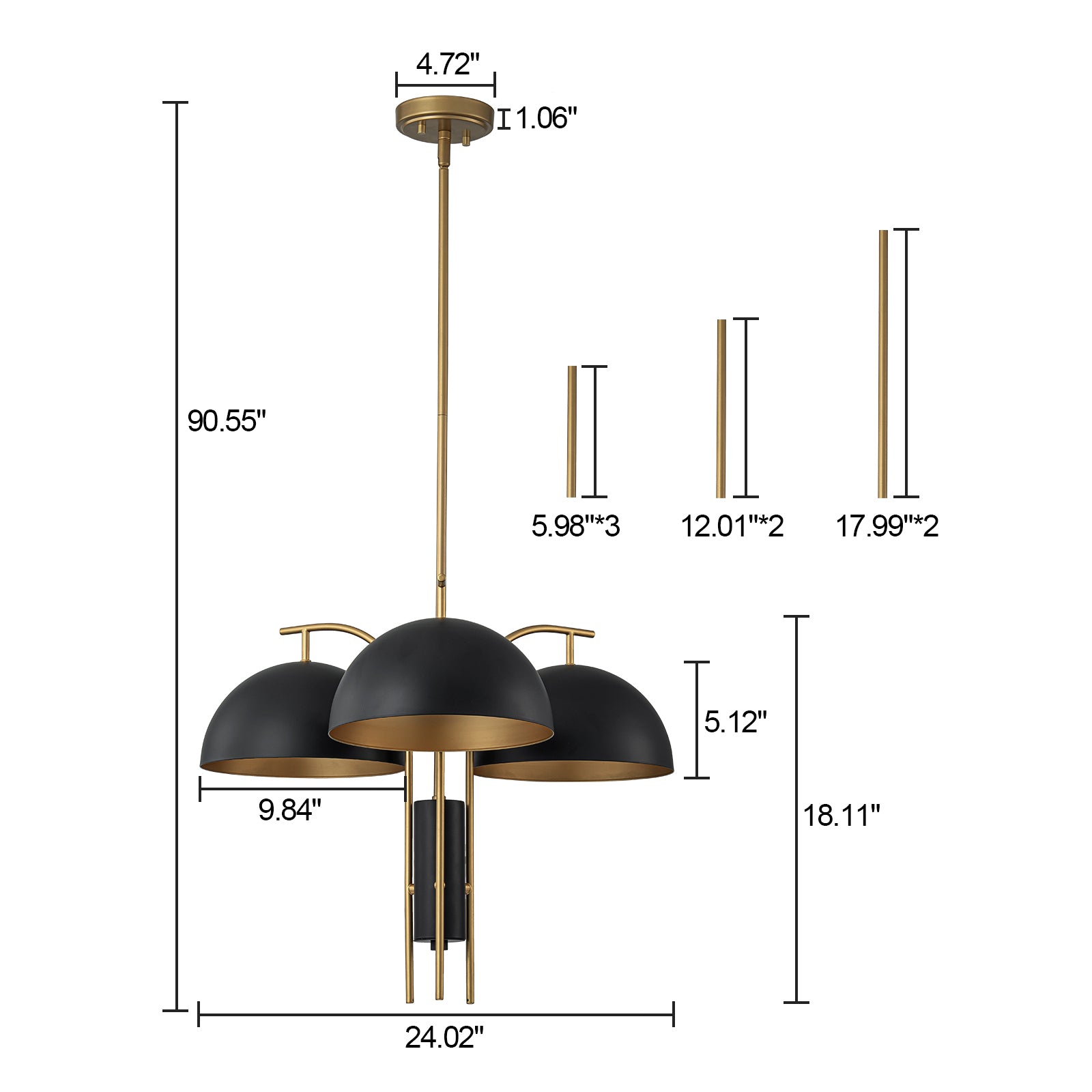 Glowlings 3-flammige, moderne, 61 cm breite, große, blattgoldene Sputnik-Pendelleuchte mit schwarzer Kuppel