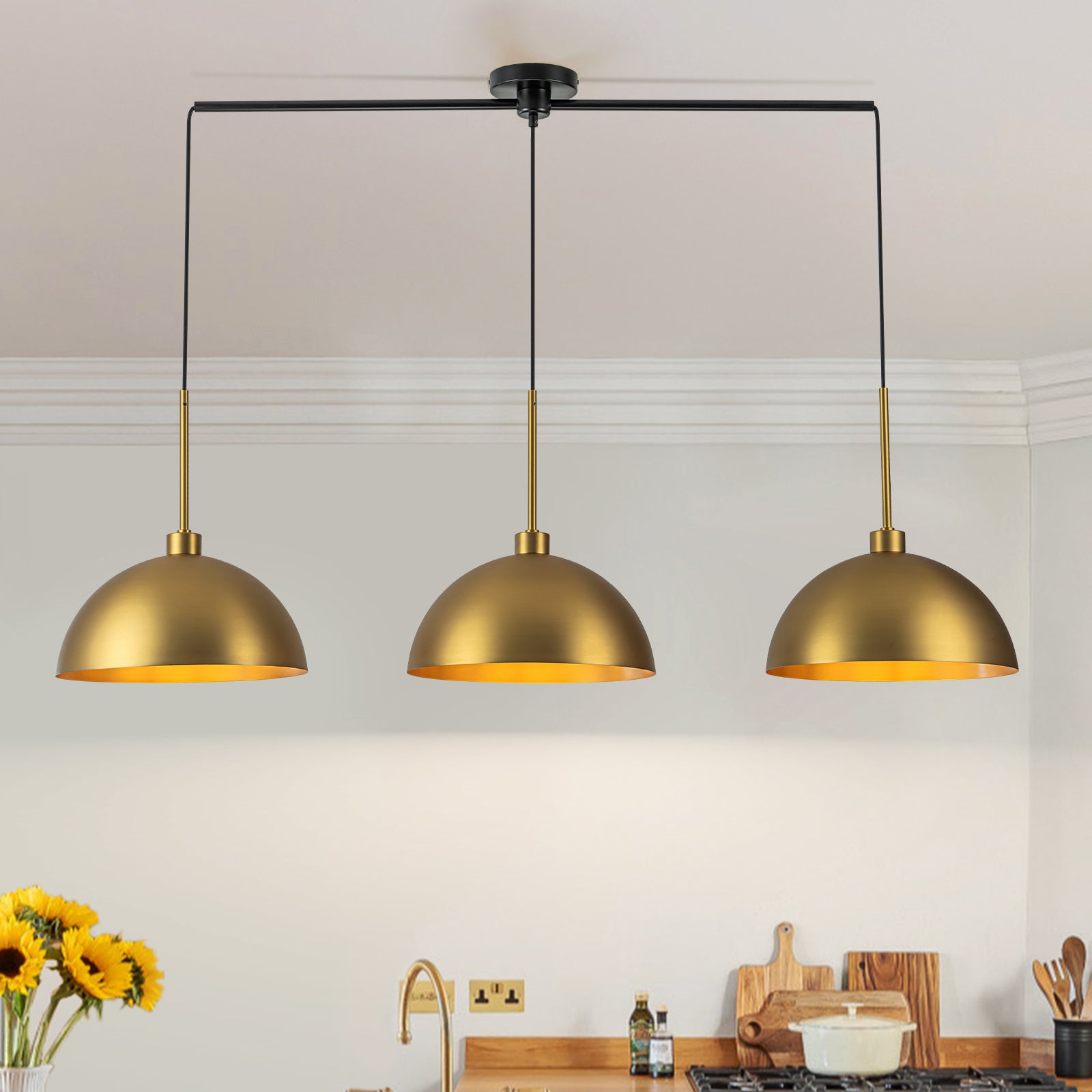 Glowlings 3-flammige, moderne, 135 cm breite, übergroße, lineare Pendelleuchte aus gebürstetem Messing