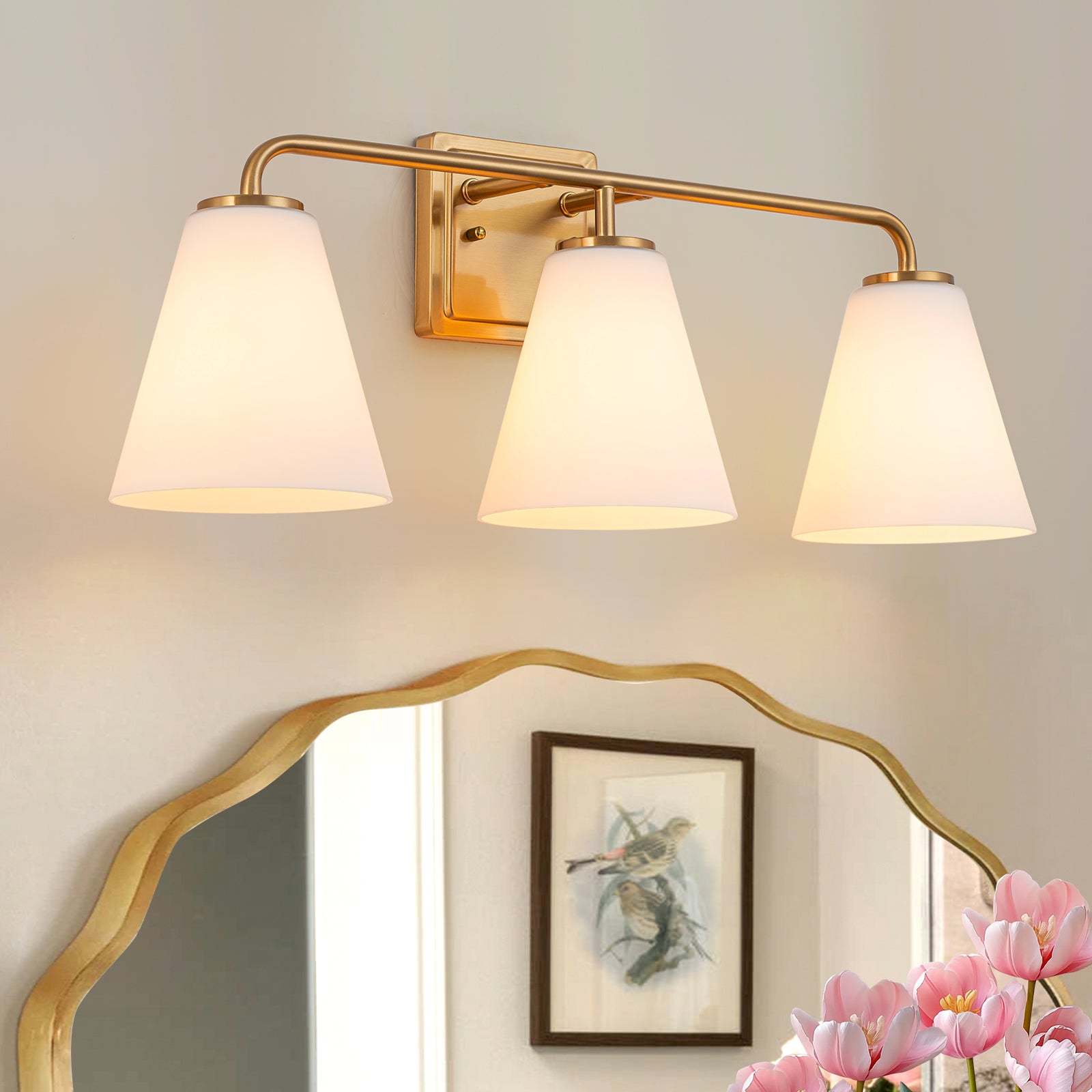 Glowlings 3/4-Light Modern Antique Brass Cone Opal Glass Bathroom Vanity Light