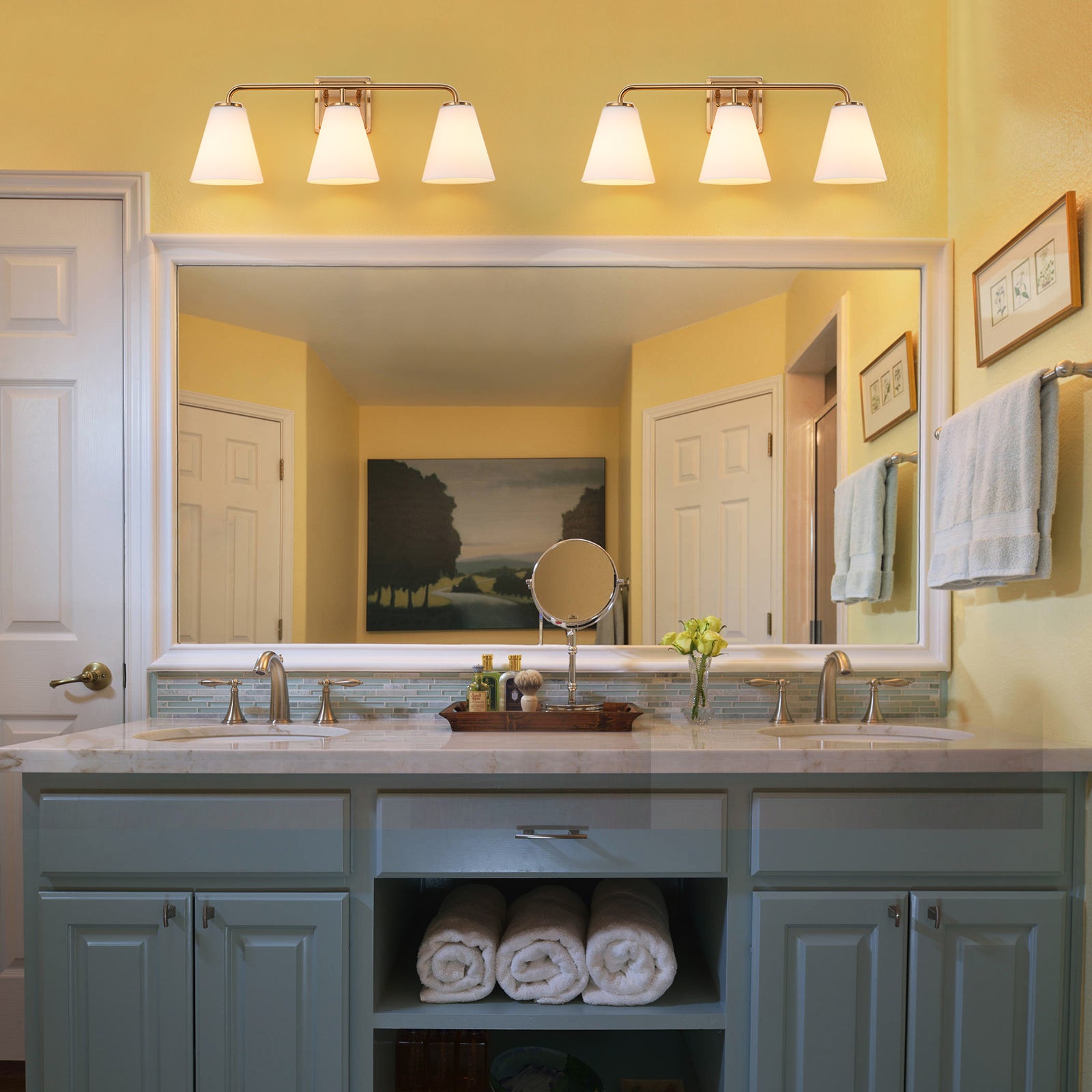 Glowlings 3/4-Light Modern Antique Brass Cone Opal Glass Bathroom Vanity Light