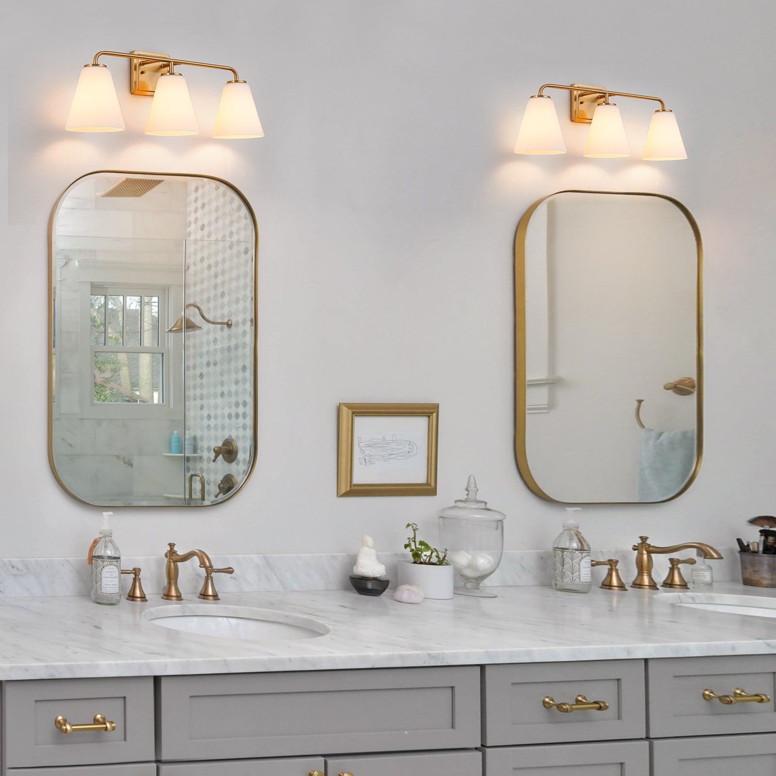 Glowlings 3/4-Light Modern Antique Brass Cone Opal Glass Bathroom Vanity Light