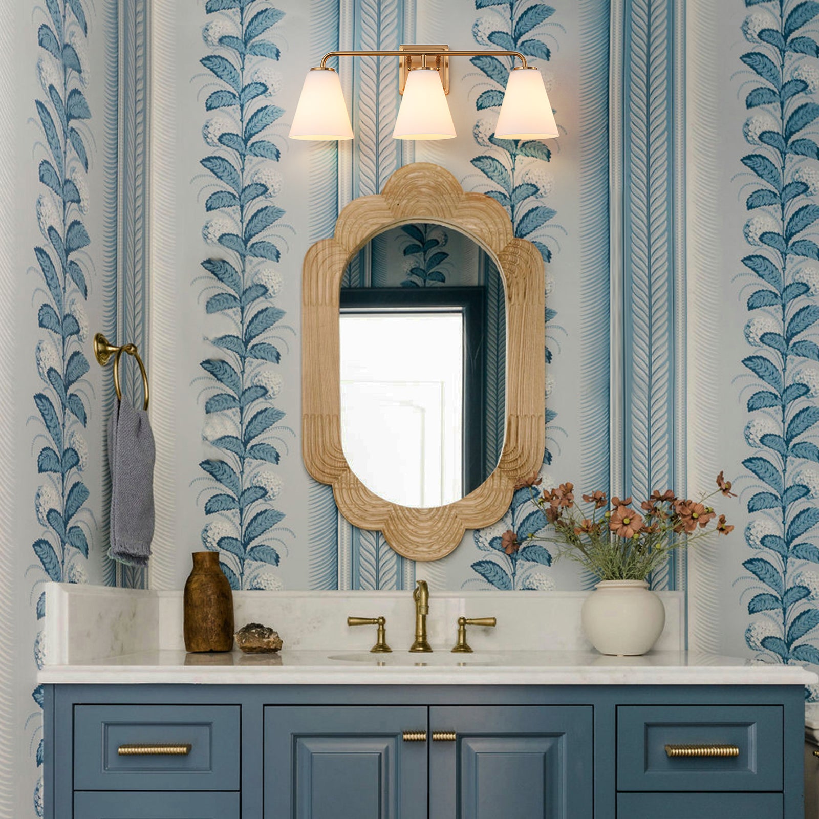 Glowlings 3/4-Light Modern Antique Brass Cone Opal Glass Bathroom Vanity Light