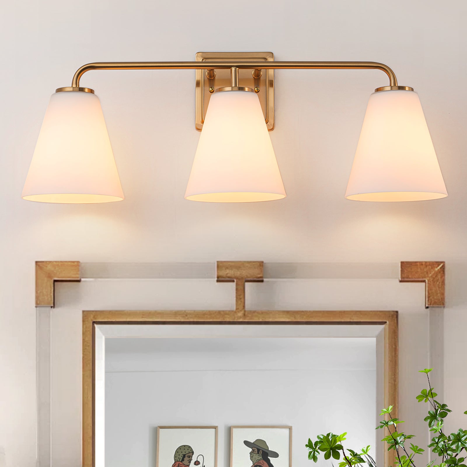 Glowlings 3/4-Light Modern Antique Brass Cone Opal Glass Bathroom Vanity Light