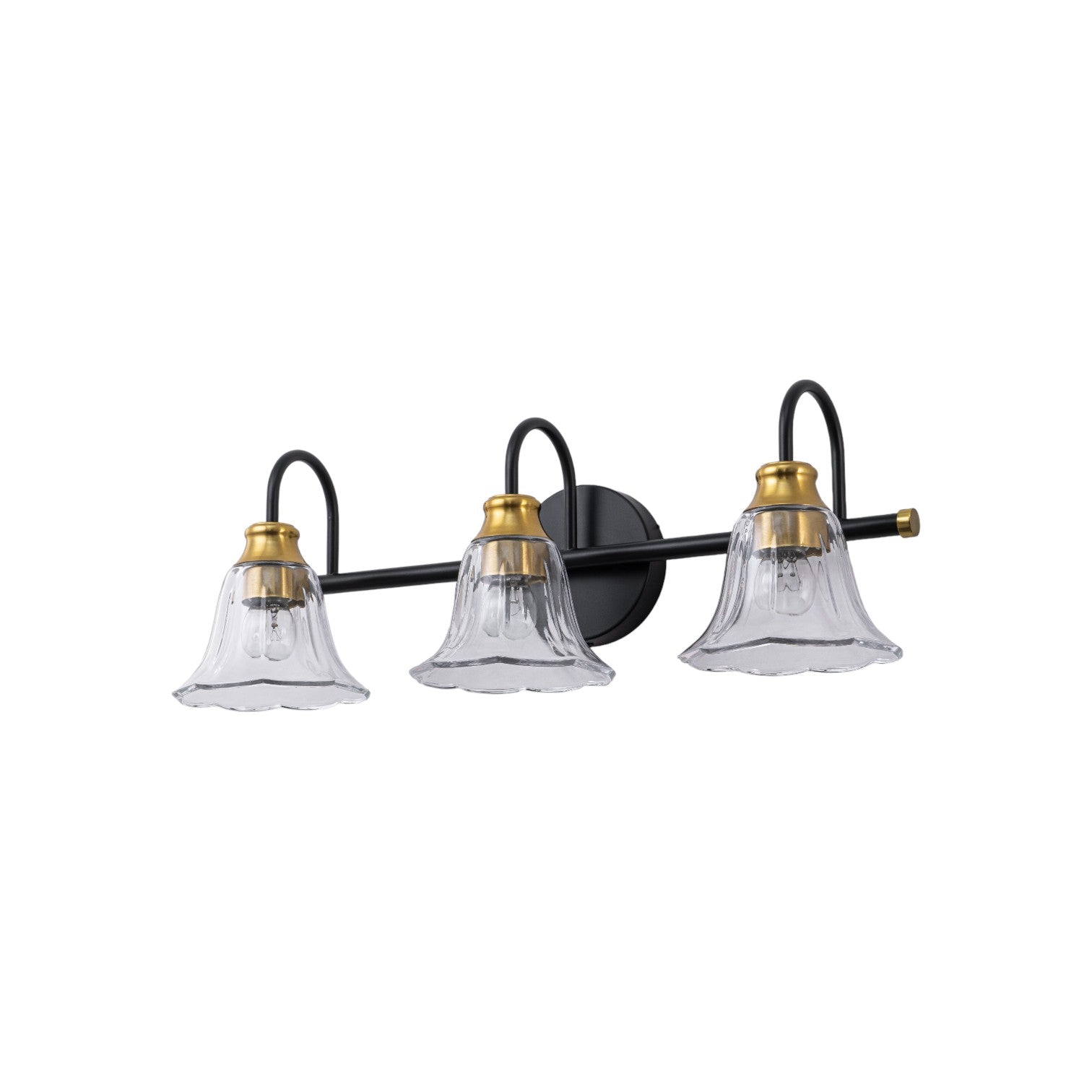 Glowlings 3/4-Light Modern Black & Gold Bathroom Vanity Light Wall Sconce with Flower Clear Glass Shades for Mirror