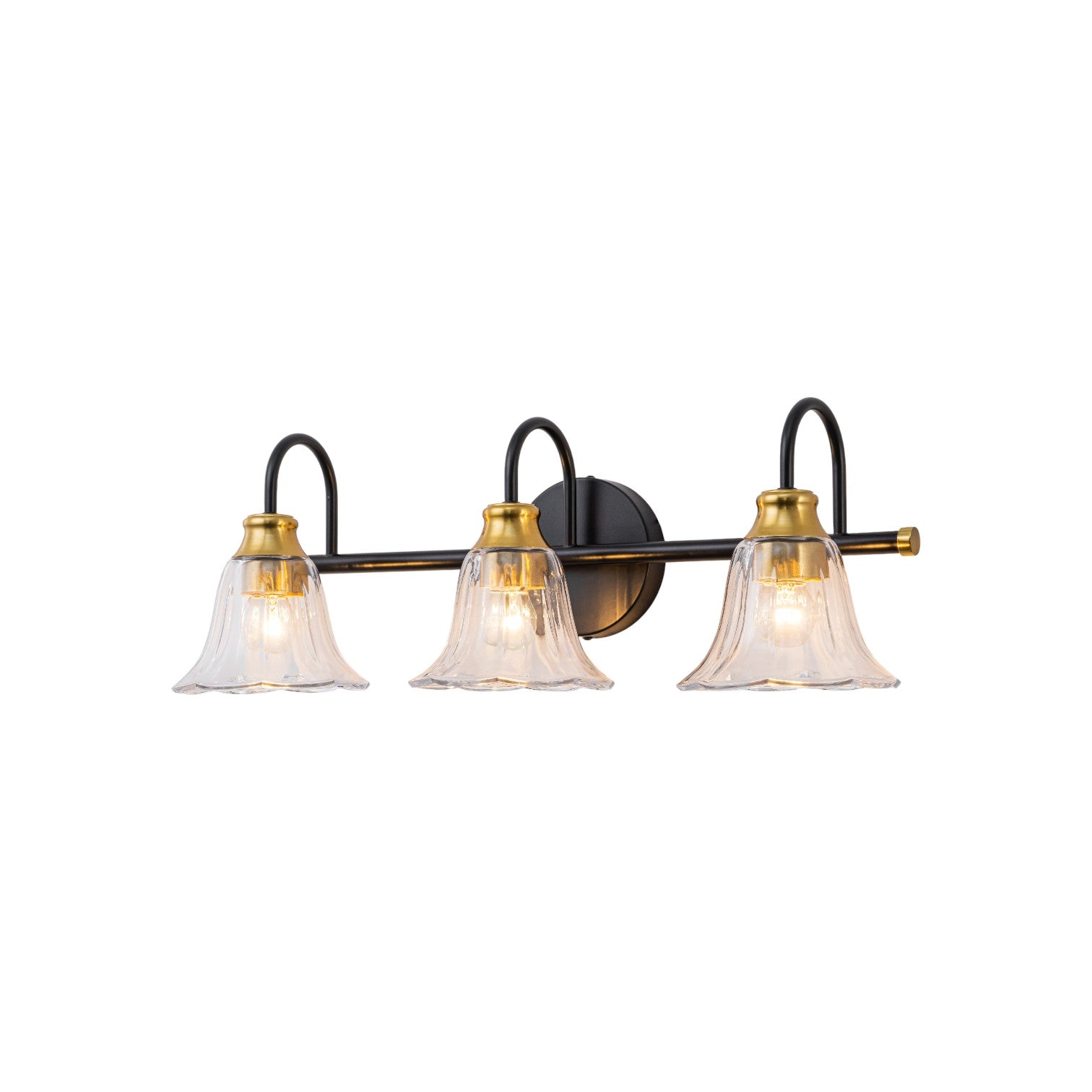 Glowlings 3/4-Light Modern Black & Gold Bathroom Vanity Light Wall Sconce with Flower Clear Glass Shades for Mirror