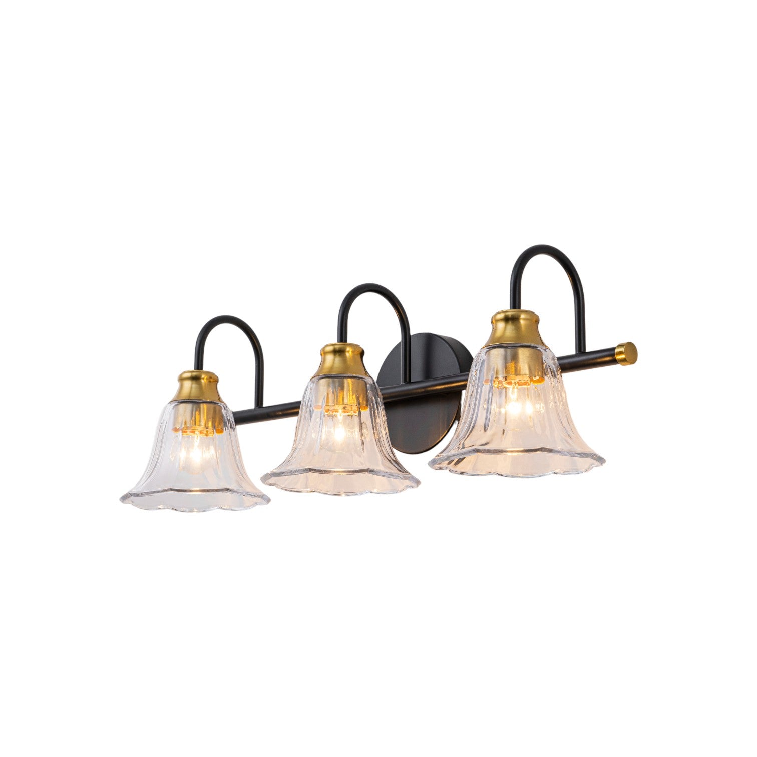 Glowlings 3/4-Light Modern Black & Gold Bathroom Vanity Light Wall Sconce with Flower Clear Glass Shades for Mirror