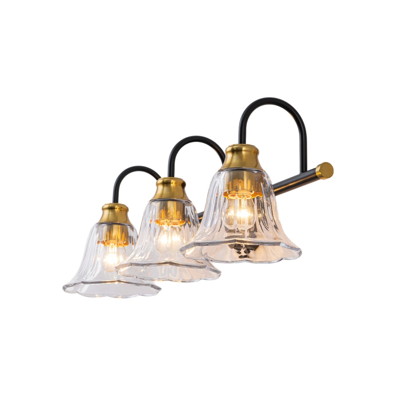 Glowlings 3/4-Light Modern Black & Gold Bathroom Vanity Light Wall Sconce with Flower Clear Glass Shades for Mirror