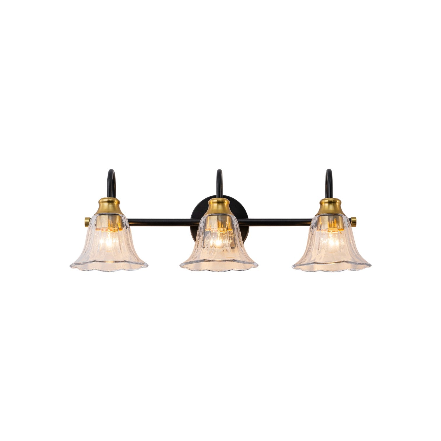 Glowlings 3/4-Light Modern Black & Gold Bathroom Vanity Light Wall Sconce with Flower Clear Glass Shades for Mirror