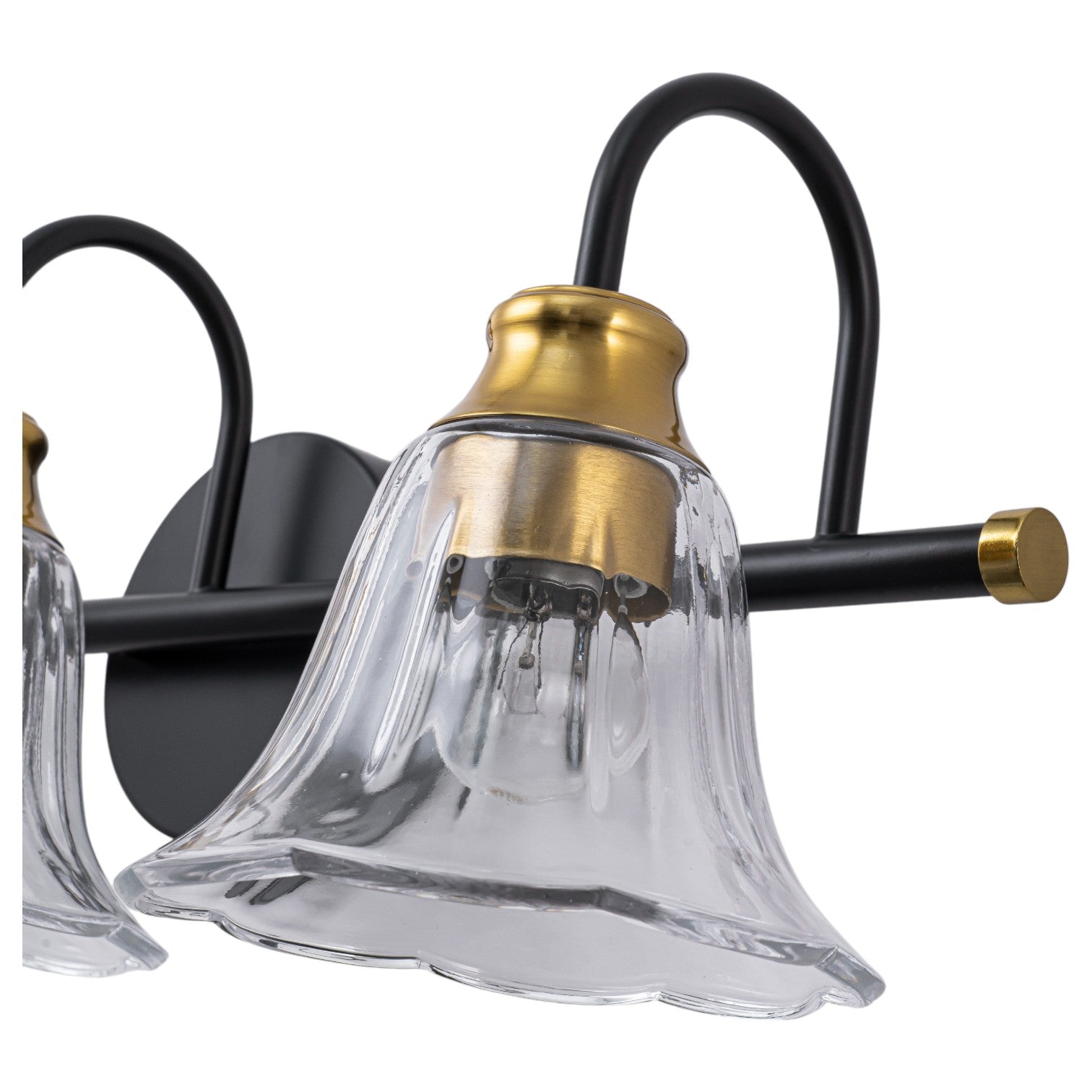 Glowlings 3/4-Light Modern Black & Gold Bathroom Vanity Light Wall Sconce with Flower Clear Glass Shades for Mirror