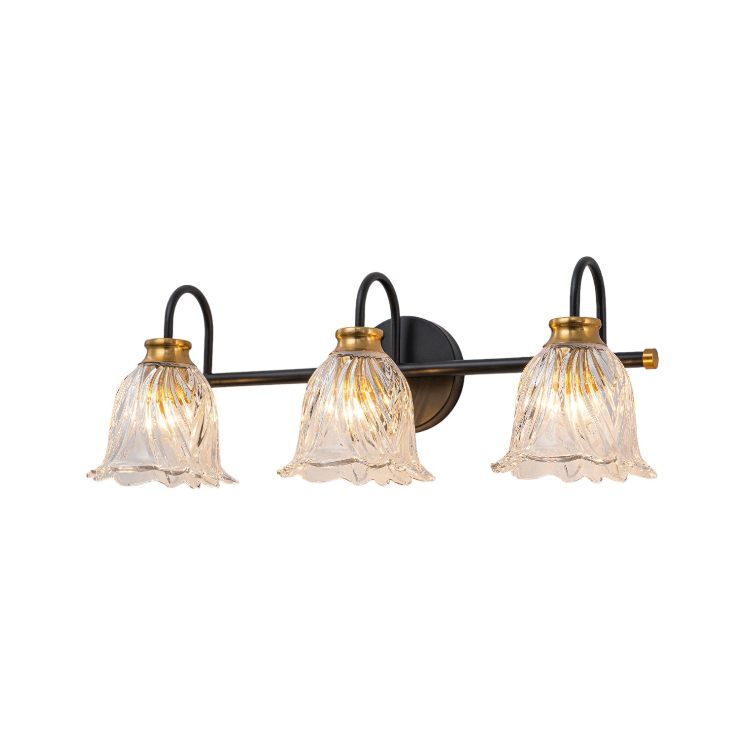 Glowlings 3/4-Light Modern Black & Gold Bathroom Vanity Light Wall Sconce with Flower Clear Glass Shades for Mirror