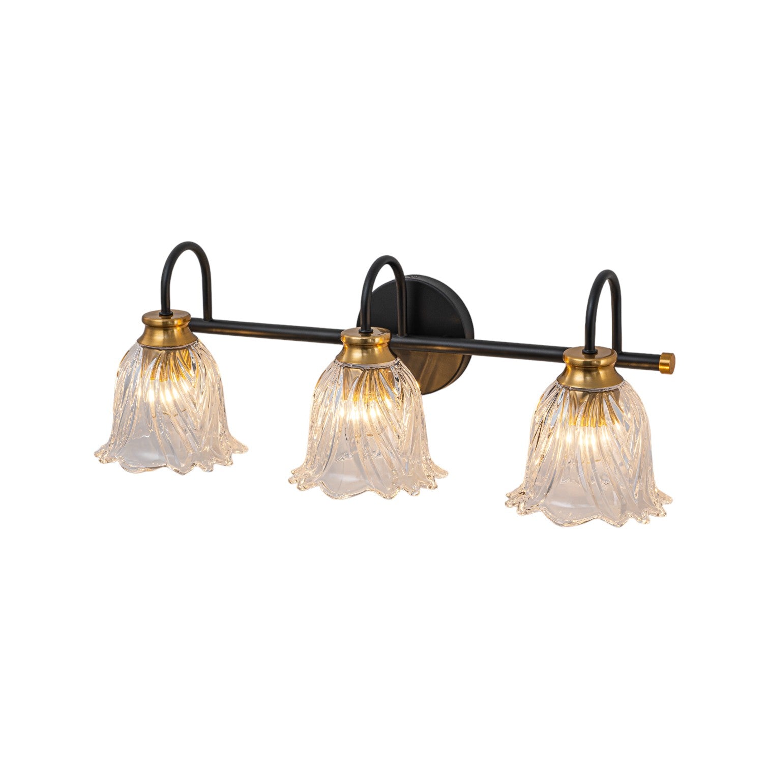 Glowlings 3/4-Light Modern Black & Gold Bathroom Vanity Light Wall Sconce with Flower Clear Glass Shades for Mirror
