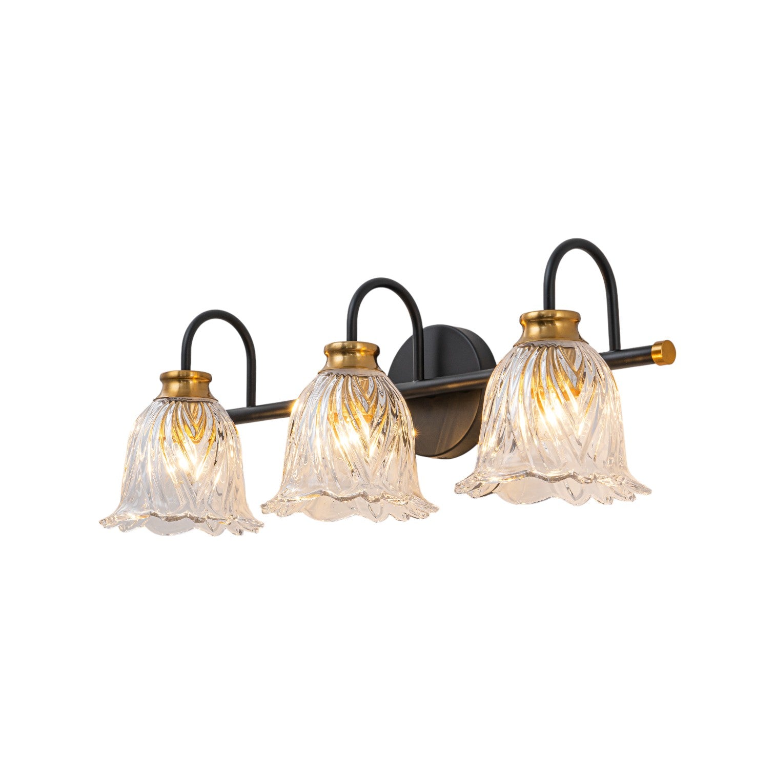 Glowlings 3/4-Light Modern Black & Gold Bathroom Vanity Light Wall Sconce with Flower Clear Glass Shades for Mirror